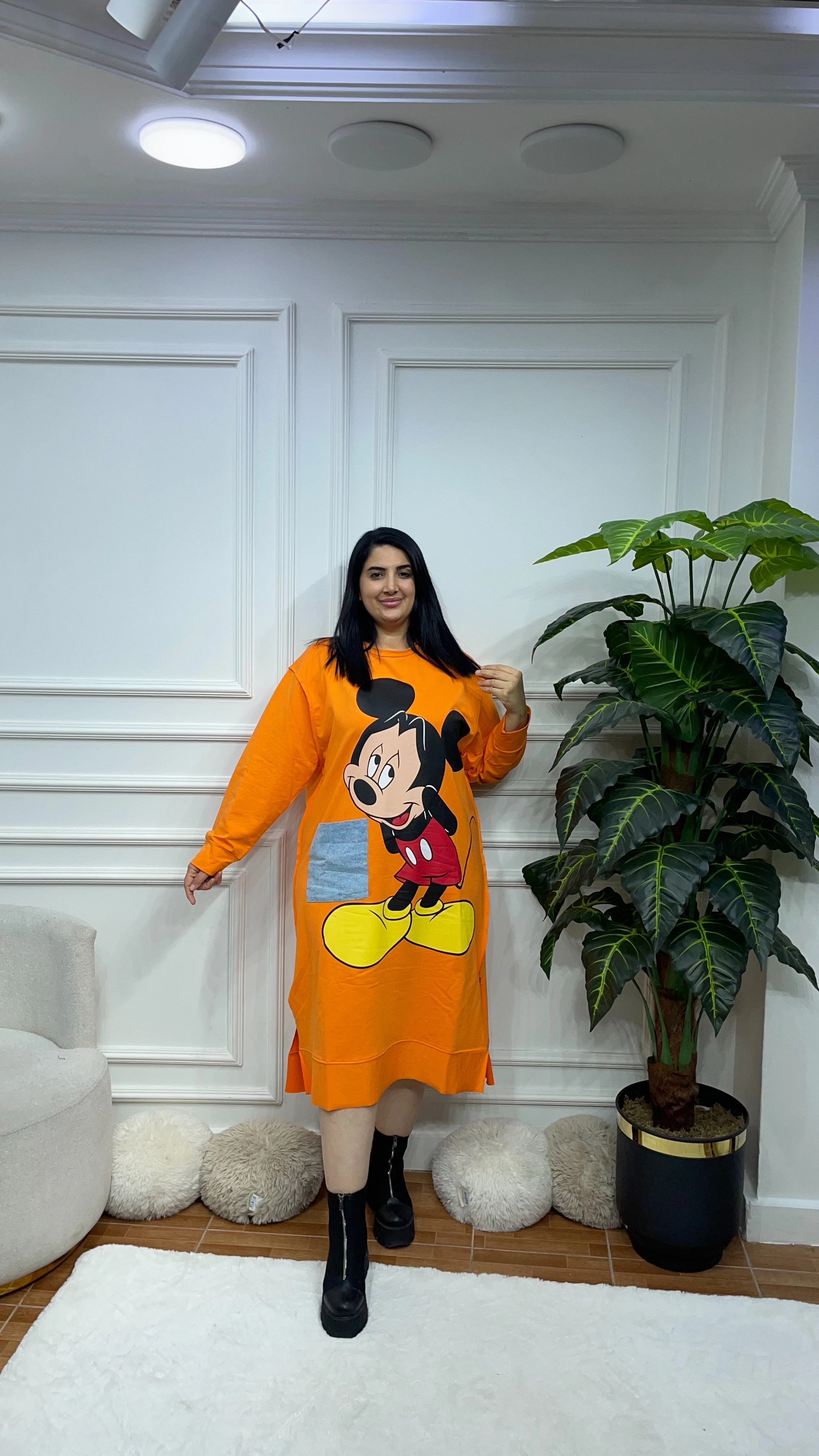 Büyük Beden Mickey Elbise - Turuncu