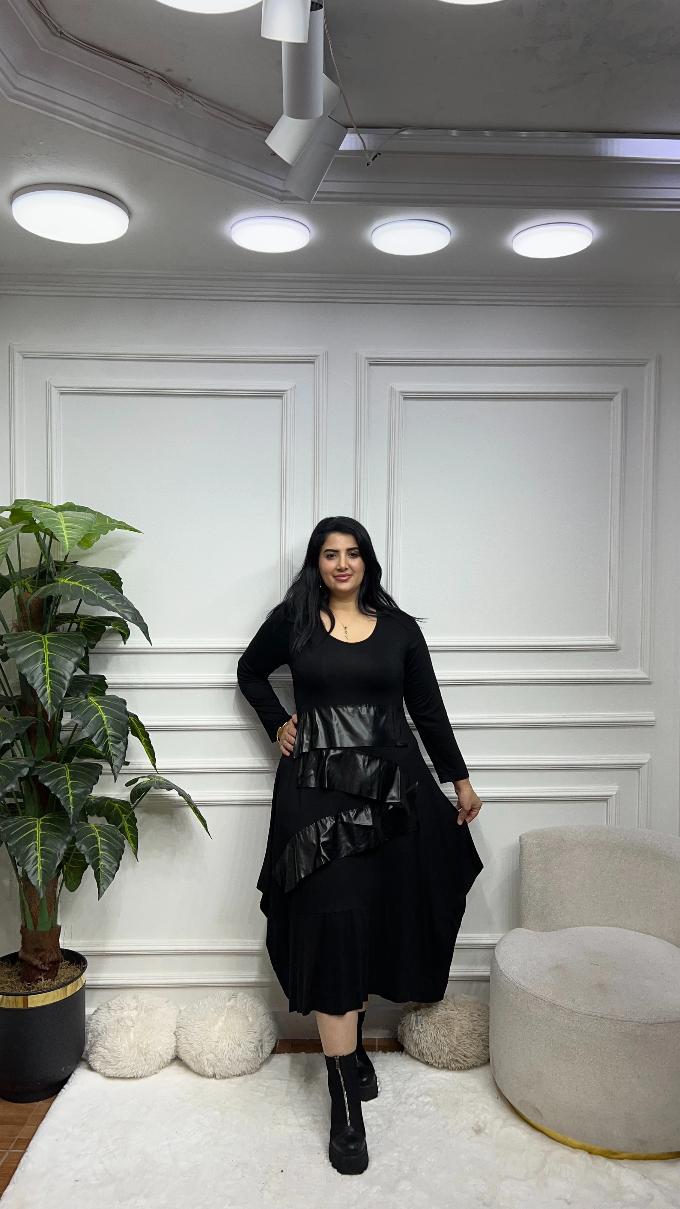 Büyük Beden Clove Elbise - Siyah Derili