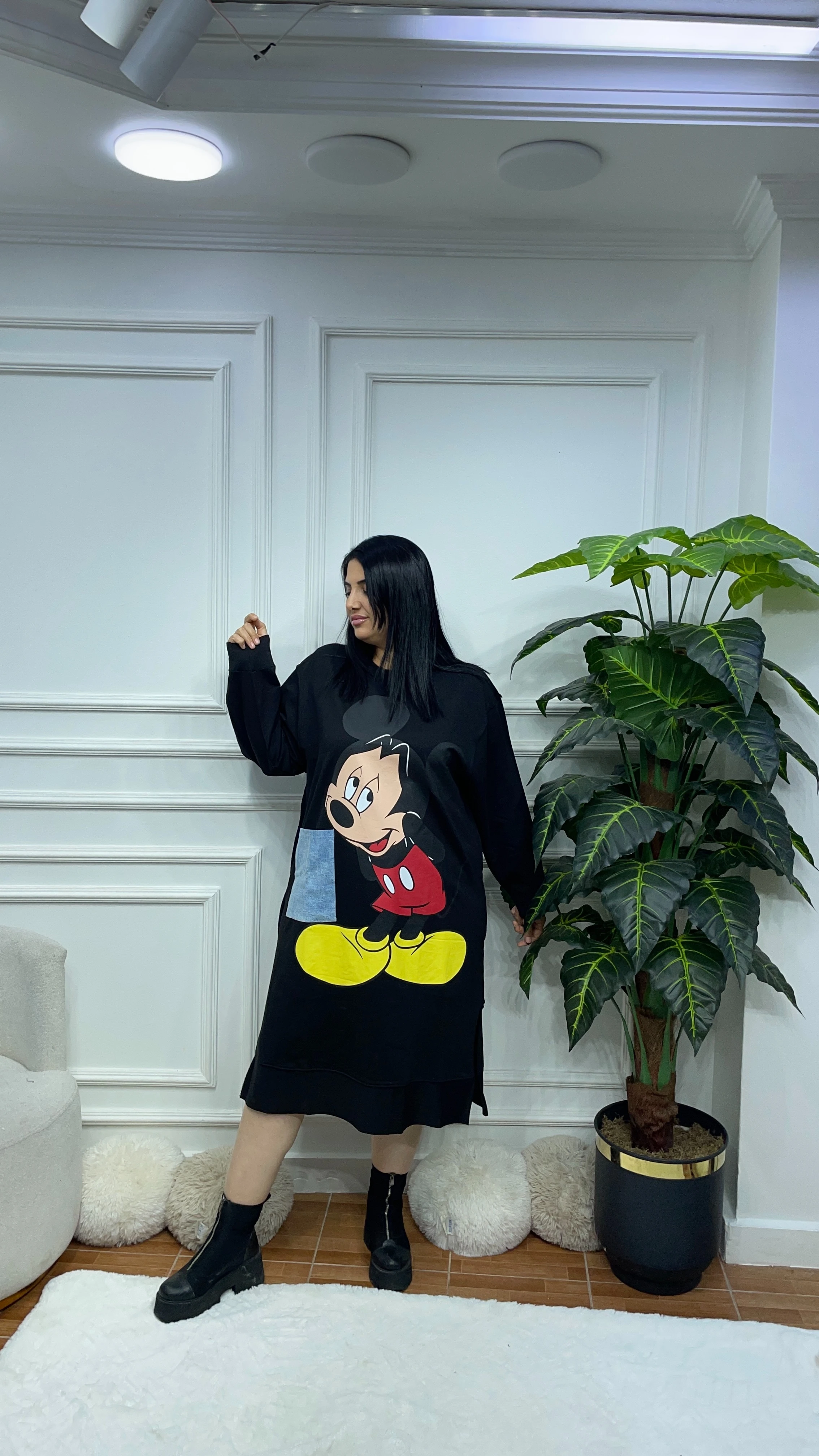 Büyük Beden Mickey Elbise - Siyah