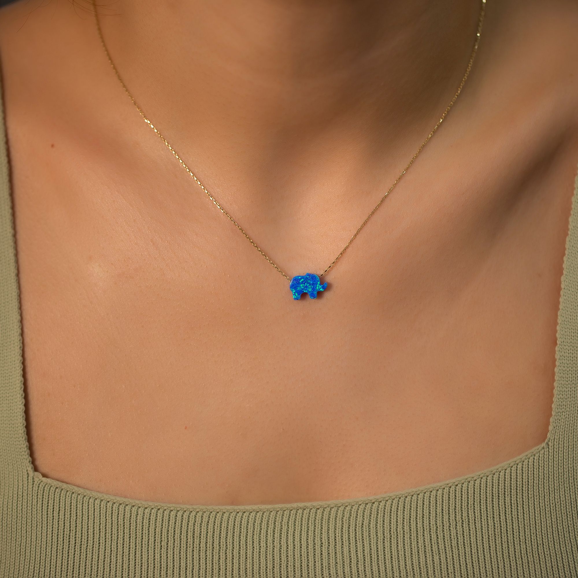 14K Gold Chain Synthetic Blue Opal Elephant Necklace