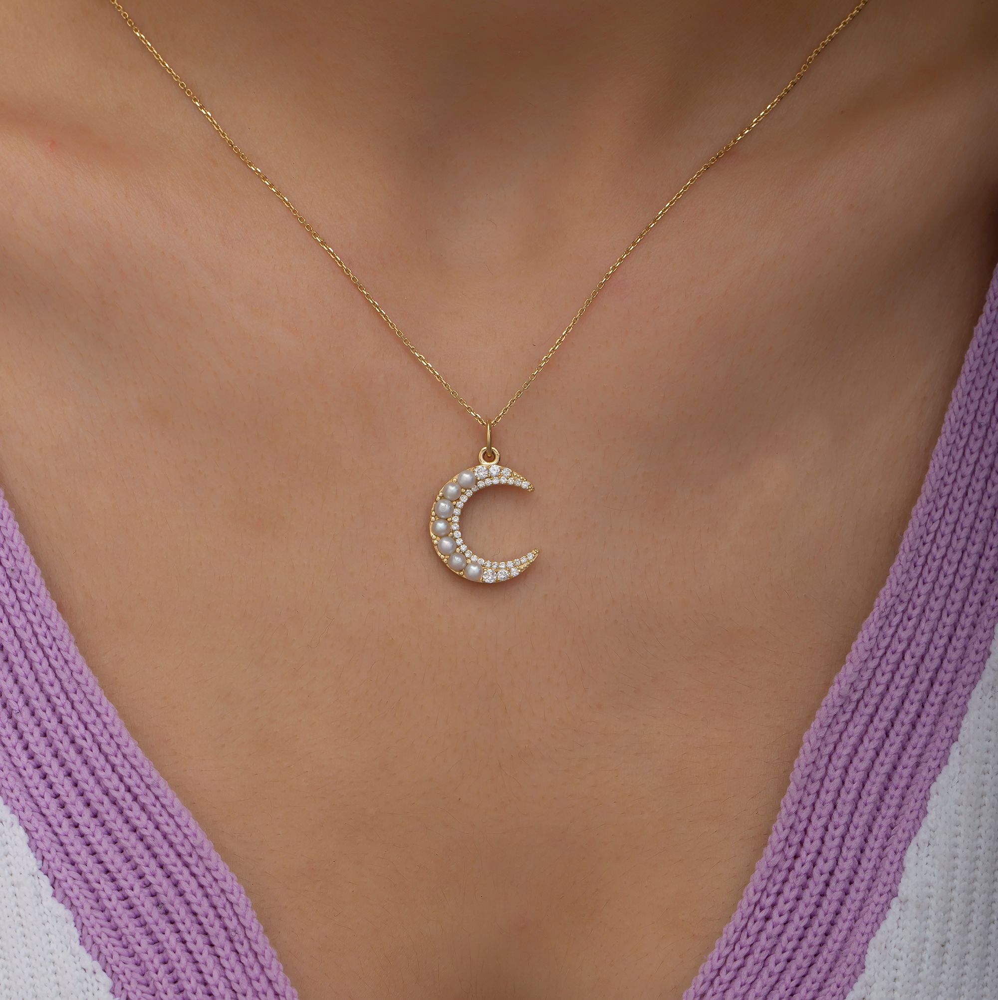 14K Gold Diamond Pearl Crescent Moon Necklace