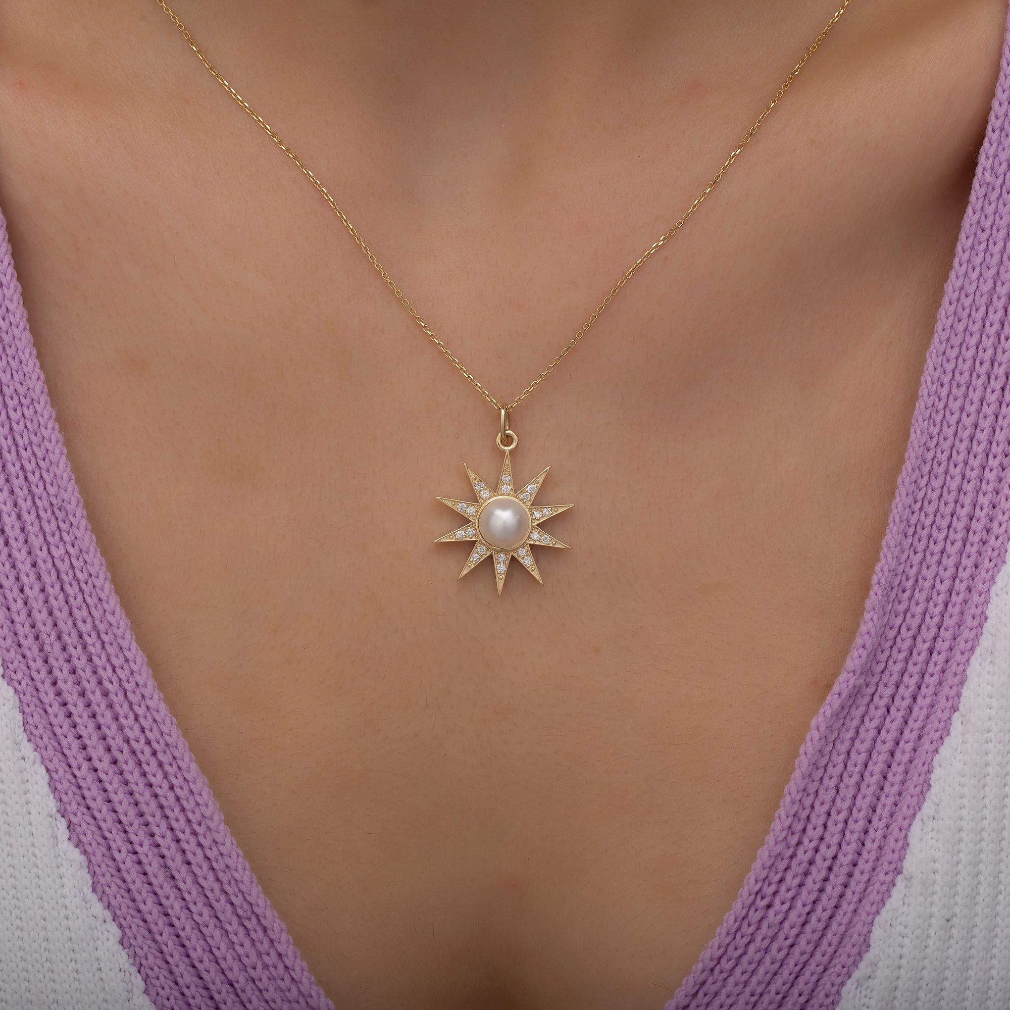 14K Gold Diamond Star Pearl Necklace