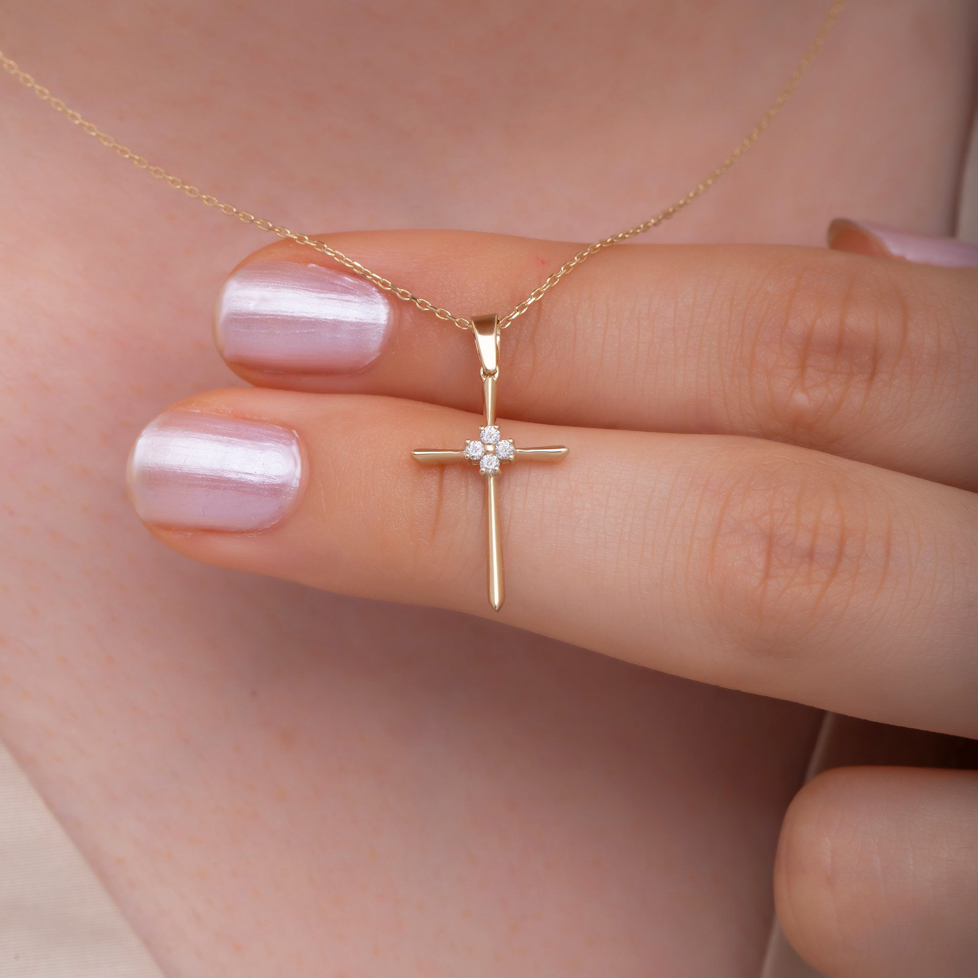 14K Gold Diamond Cross Woman Necklace