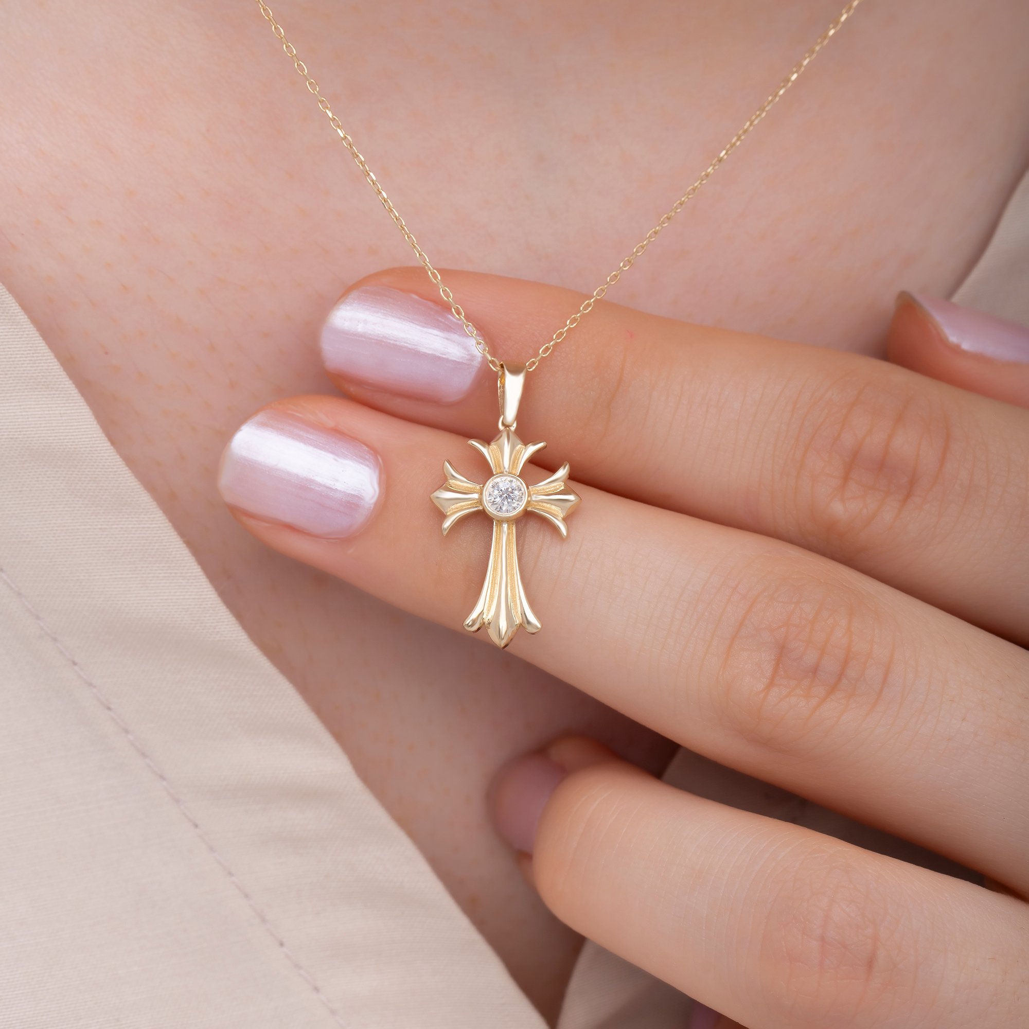 14K Gold Diamond Cross Woman Necklace