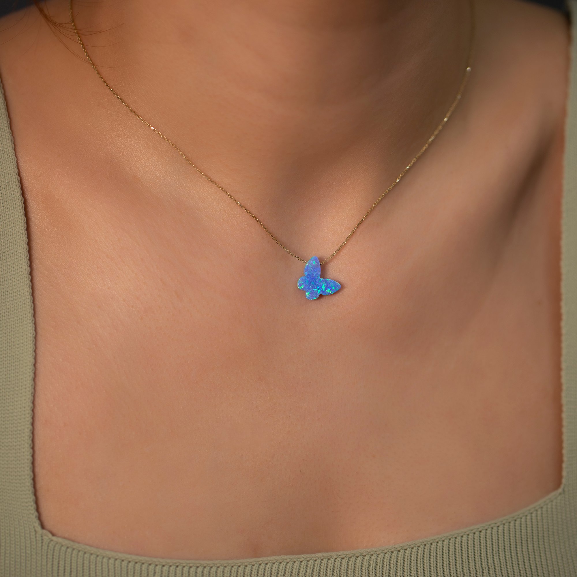 14K Gold Chain Synthetic Blue Opal Butterfly Necklace