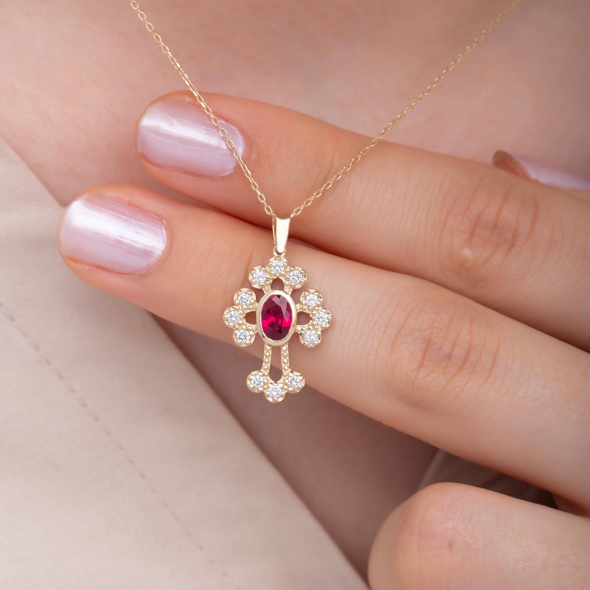 14K Gold Diamond Ruby Cross Woman Necklace