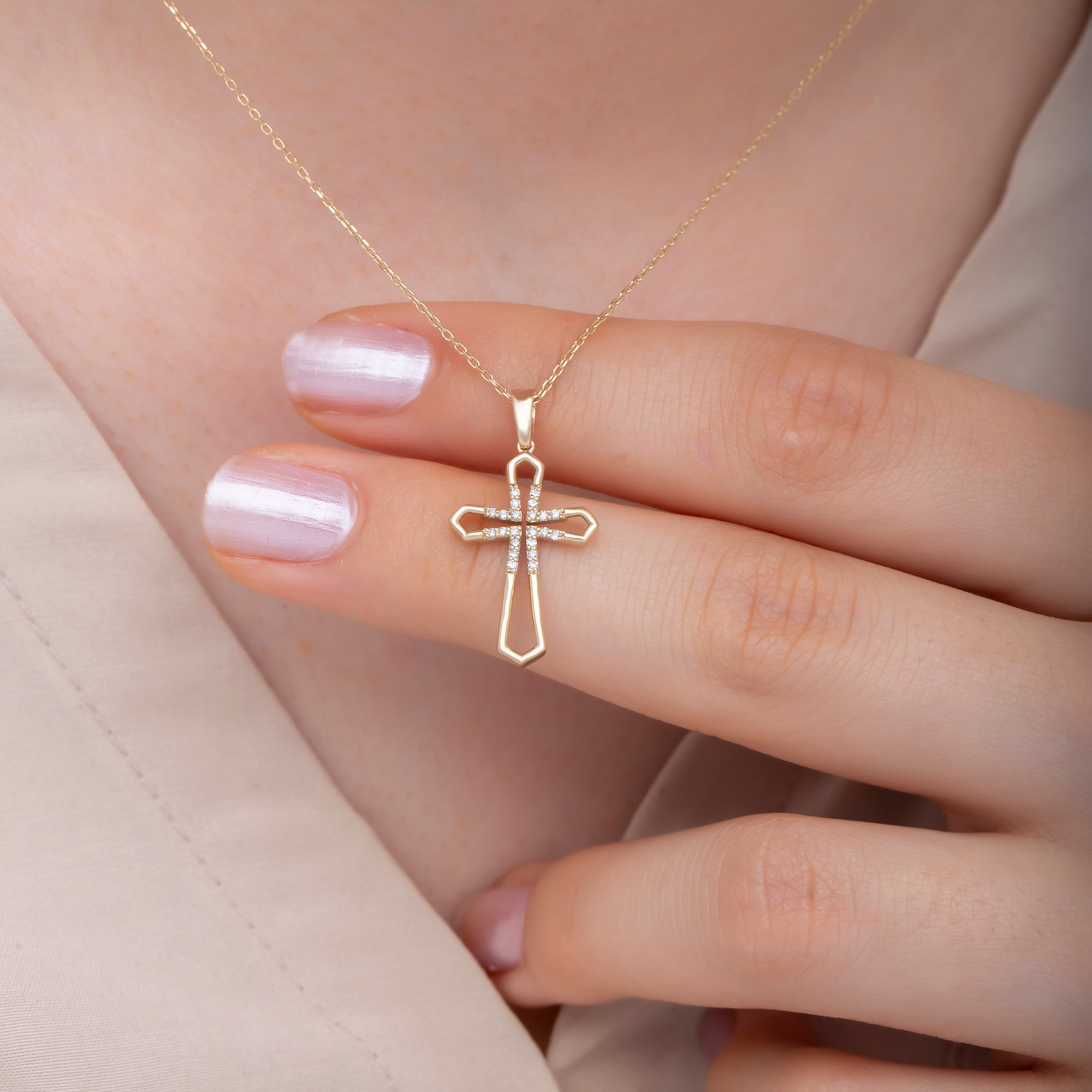 14K Gold Diamond Cross Woman Necklace