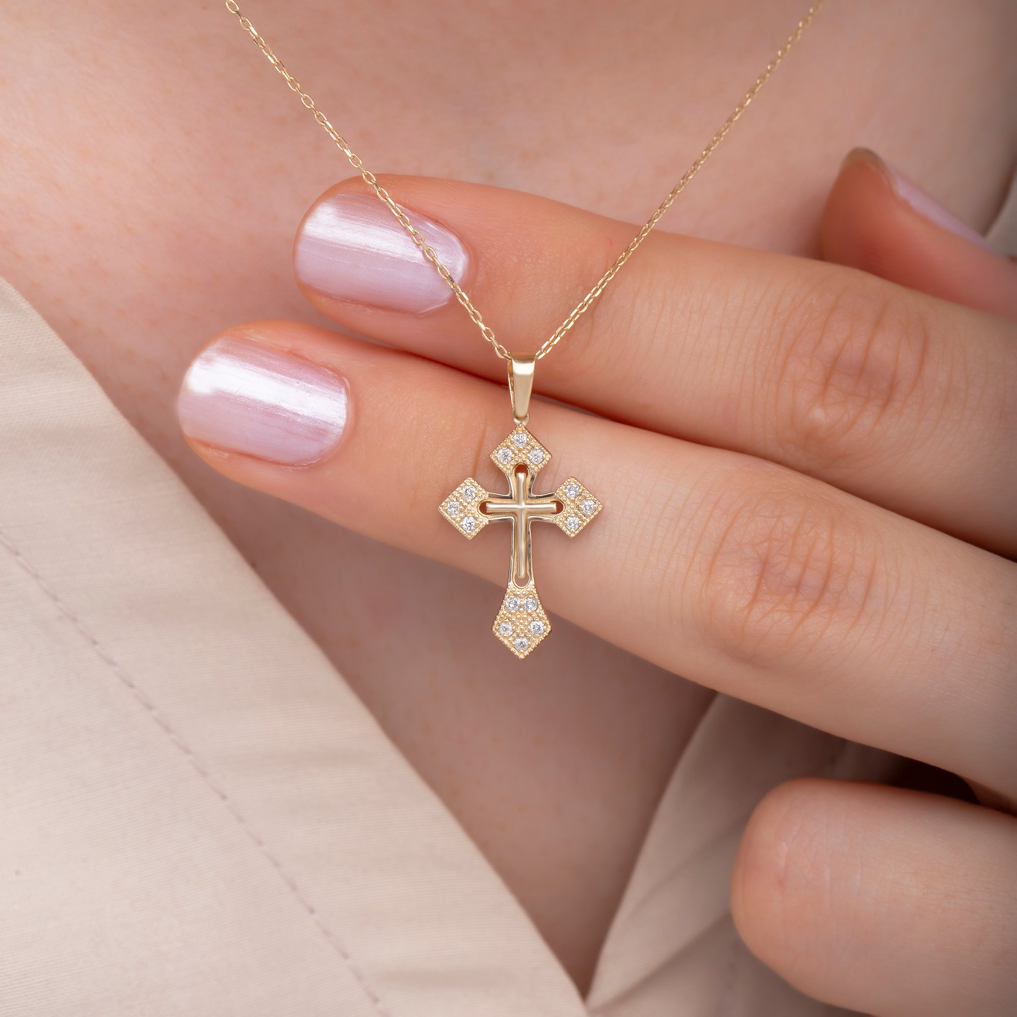 14K Gold Diamond Cross Woman Necklace