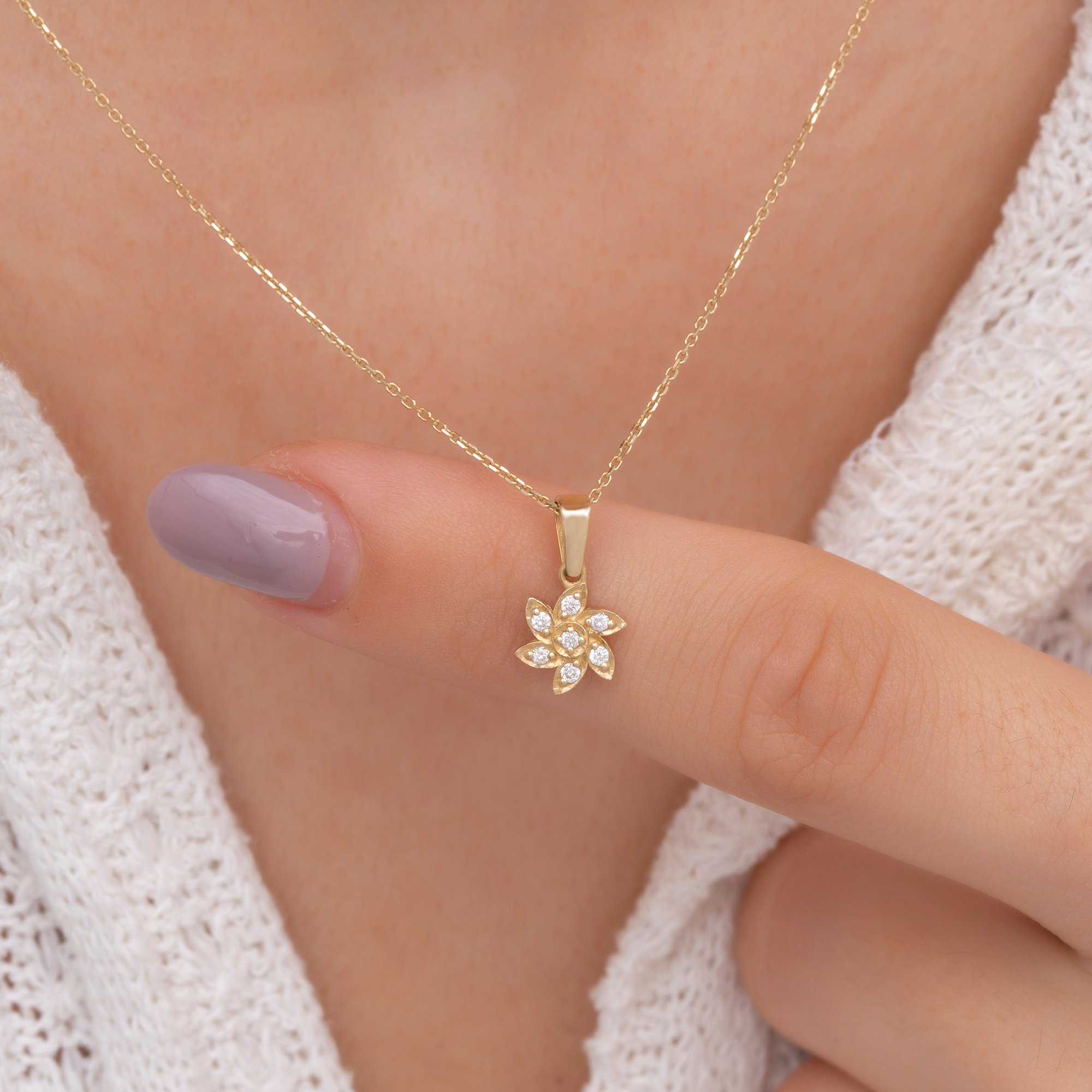 14K Gold Diamond Swirl Flower Necklace