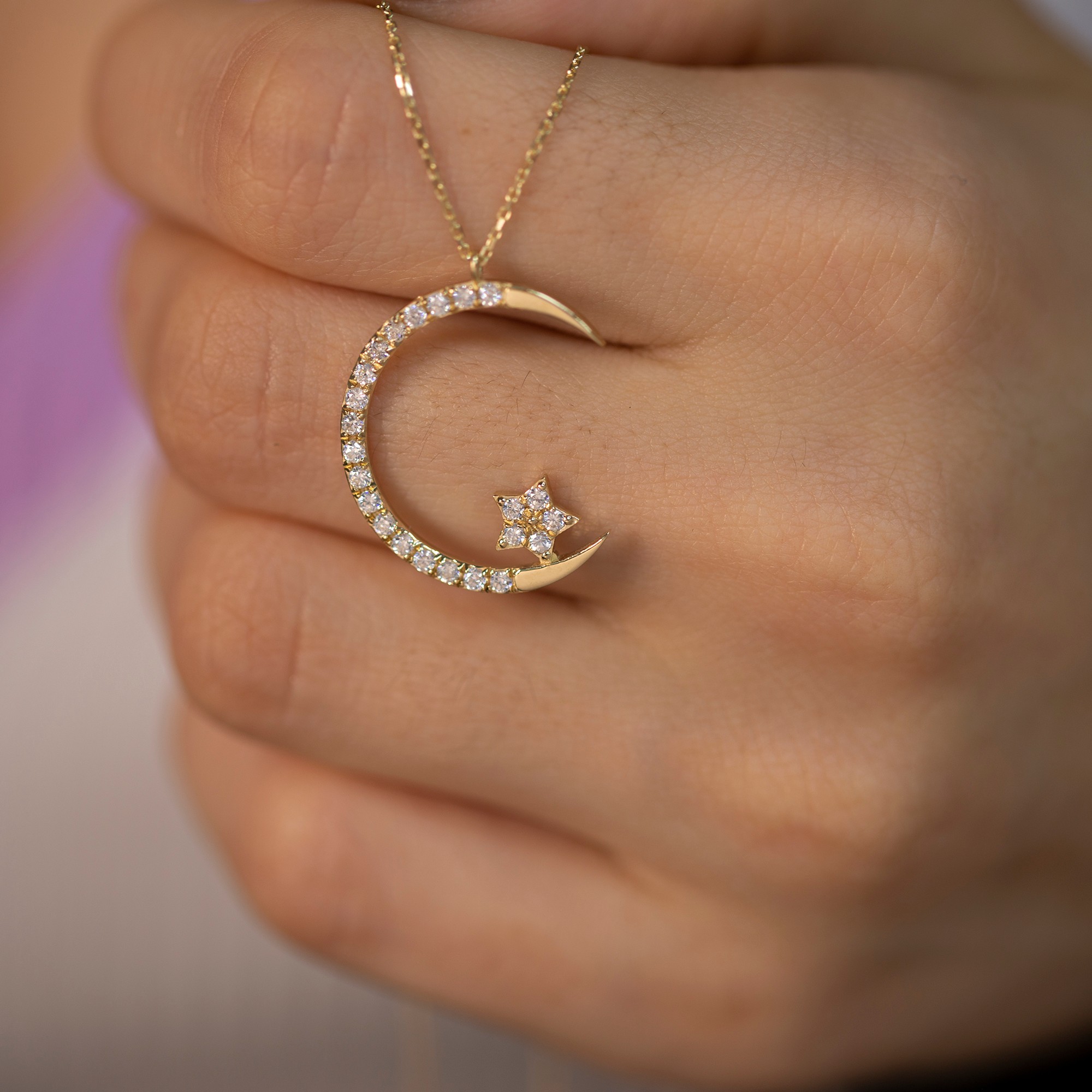 14K Gold Diamond Crescent Moon Star Necklace