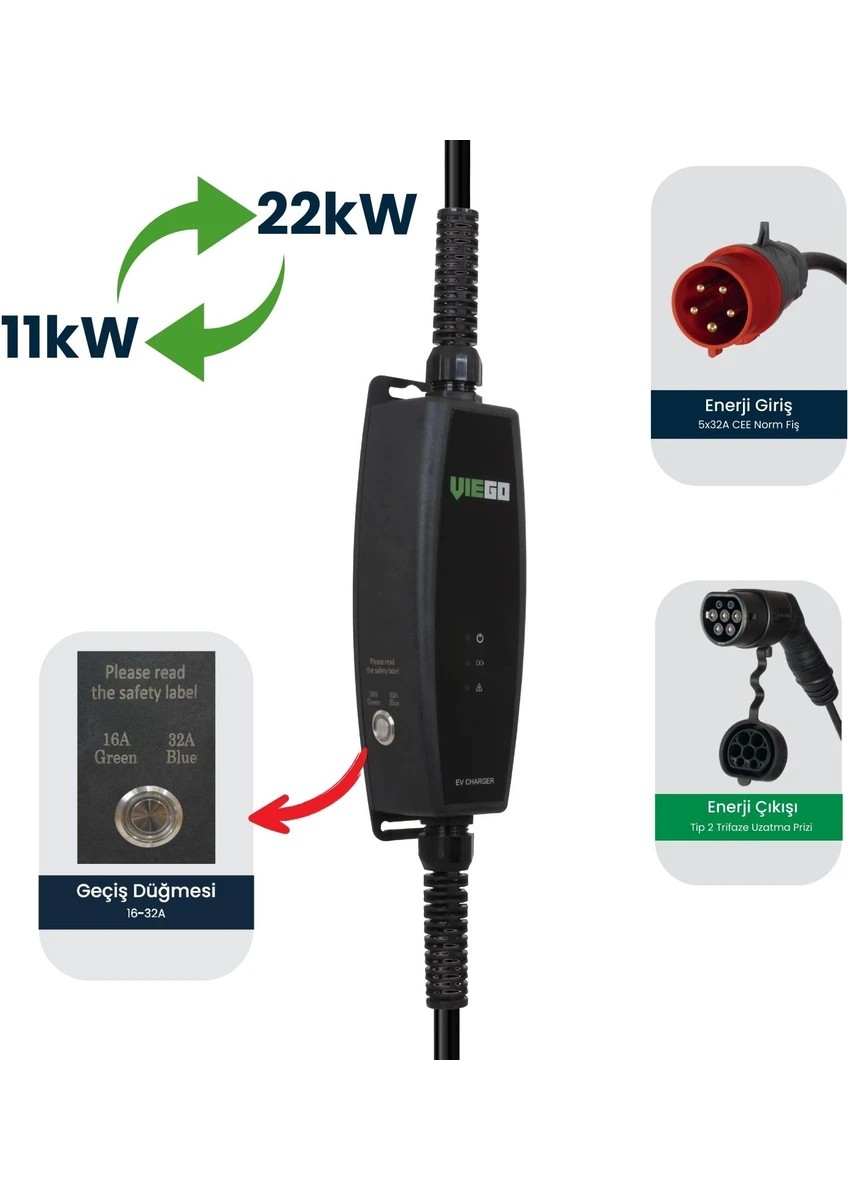 Viego Taşınabilir Elektrikli Araç Trifaze Şarj Cihazı 11/22KW Ilave Ev Prizi Dönüştürücülü