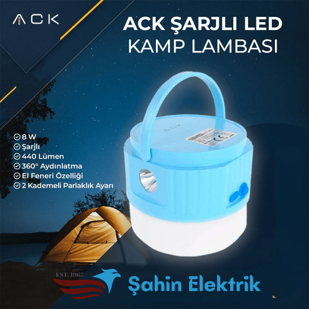 ACK Şarjlı Dokunmatik 2 Kademeli Mavi Gövde El Fenerli Işıldak AC04-00130