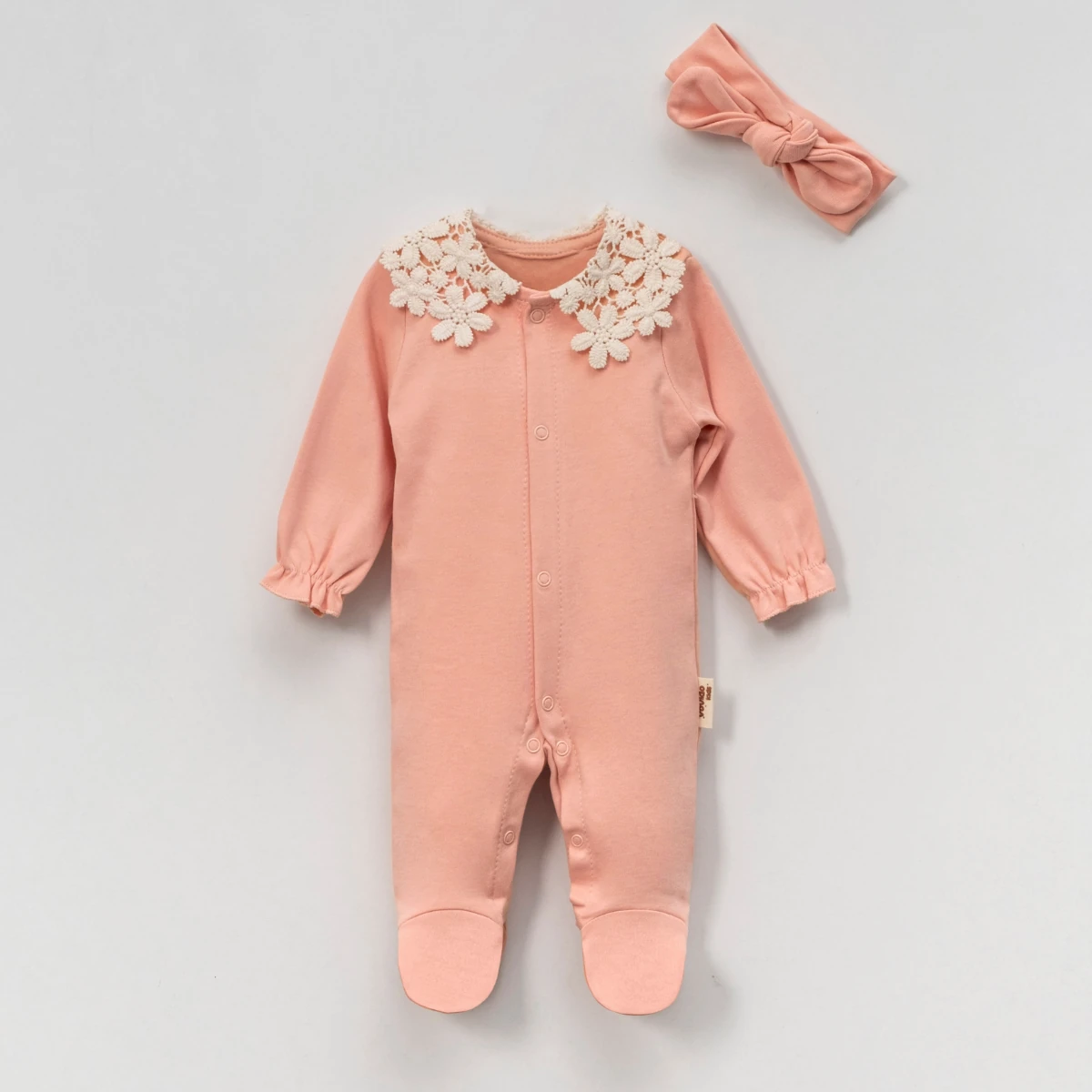 Kız Bebek Dantel Yakalı Bandanalı Somon Tulum