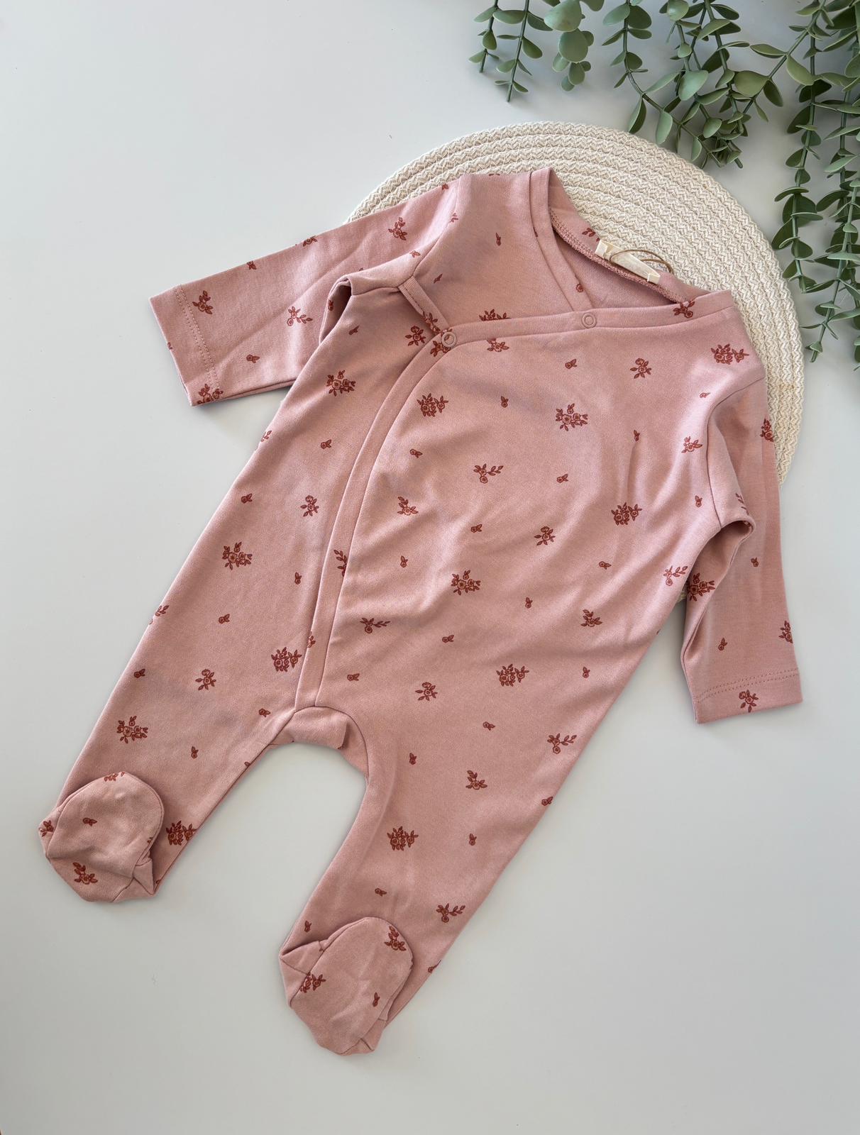 Çiçek Baskılı Organik Kız Bebek Tulum Pudra Renk