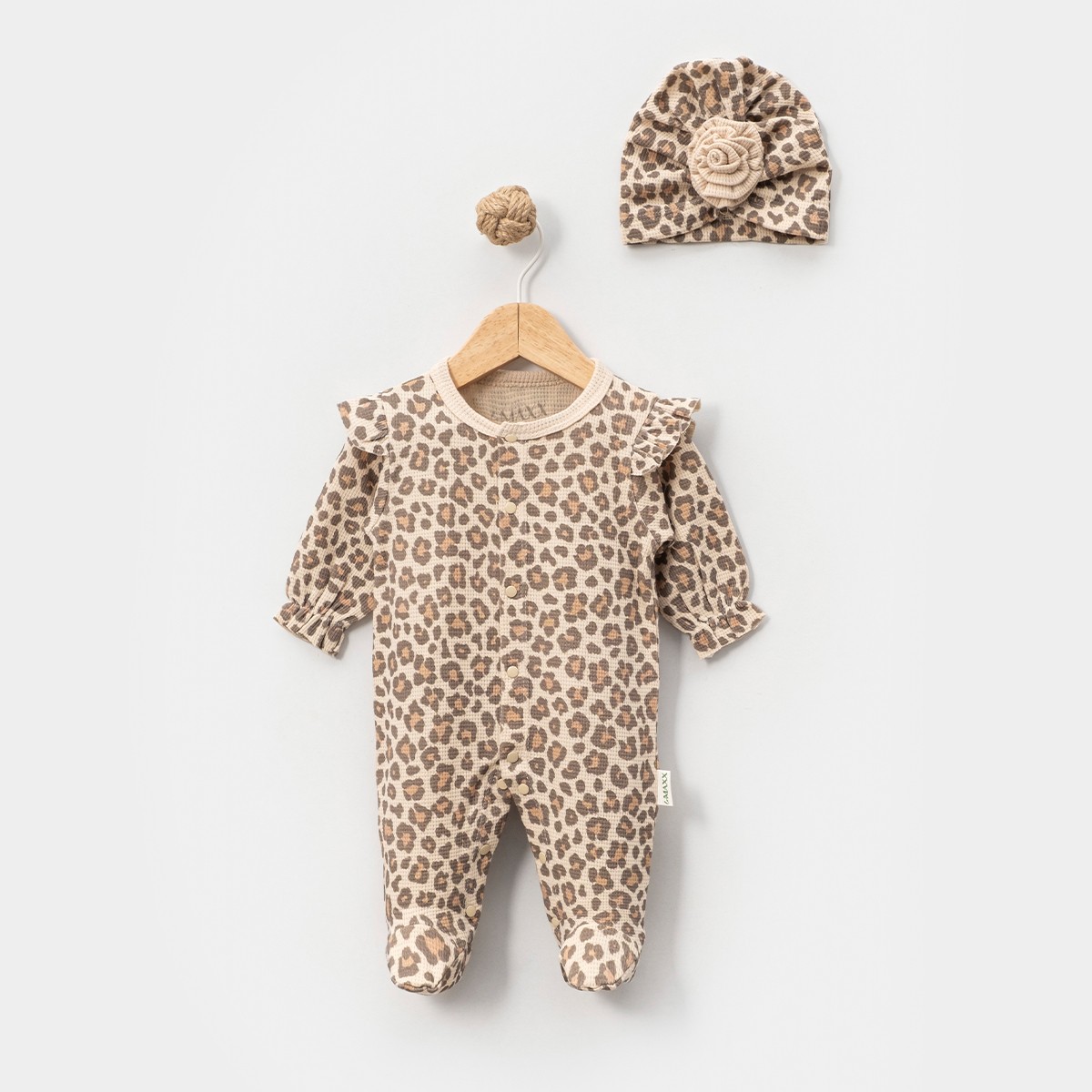 Kız Bebek Leopar Desenli Şapkalı Tulum