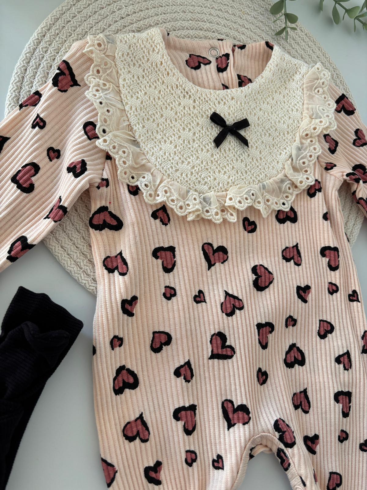 Kız Bebek Kalpli Bandanalı Tulum Gül Kurusu Renk