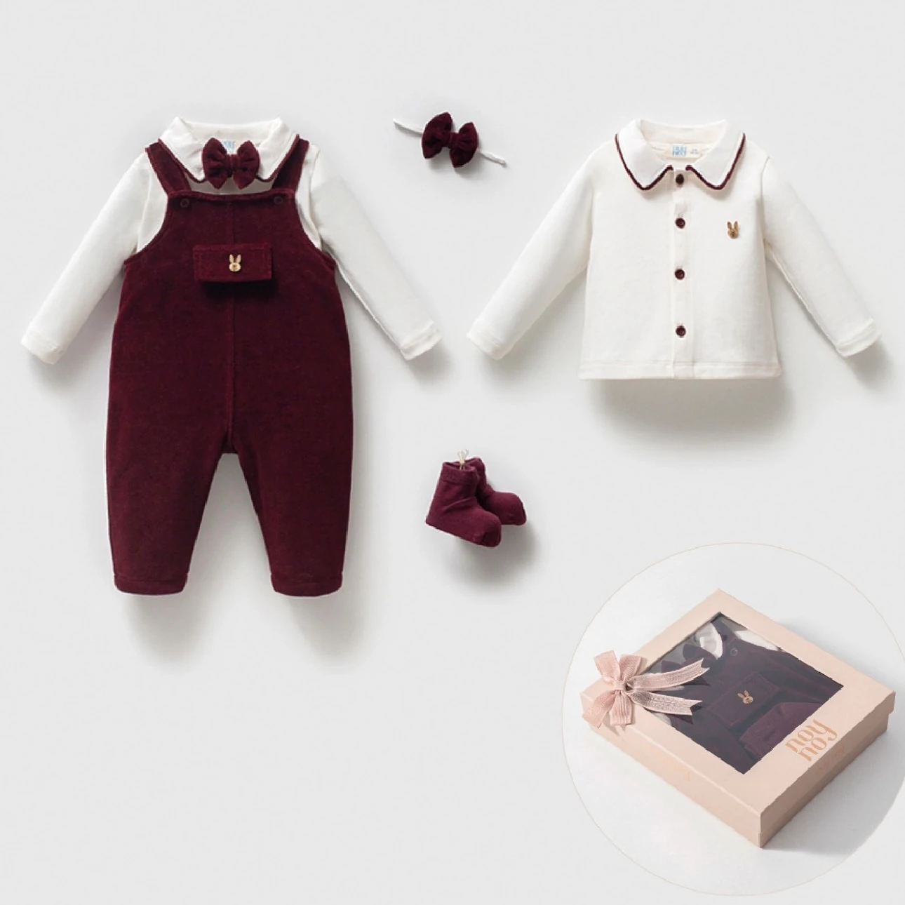 Erkek Bebek Premium 3-6 Ay Kadife Tulum 4’lü Set Bordo Renk