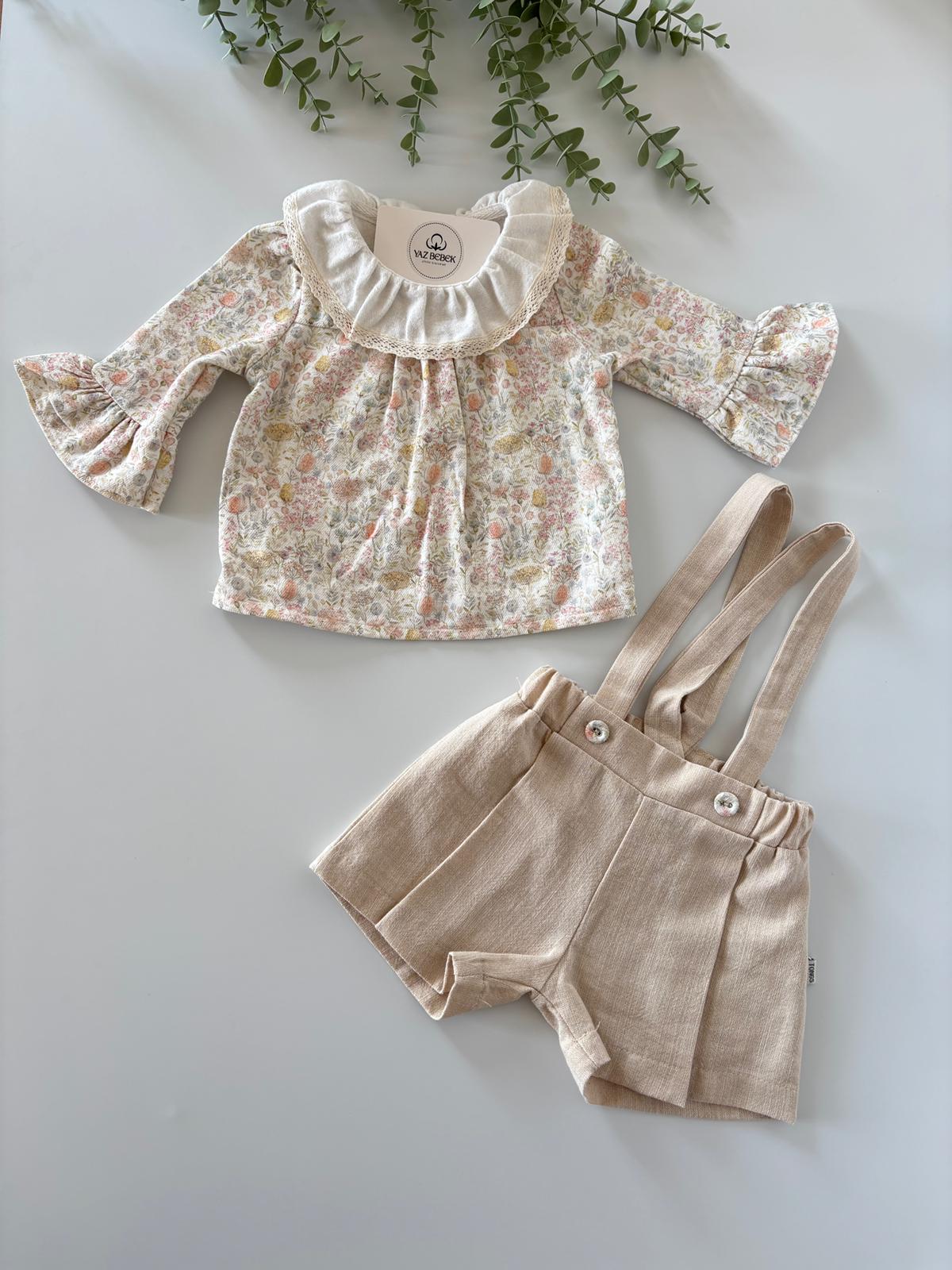 Kız Bebek 6-24 Ay Çiçekli 2’li Takım Bej Renk