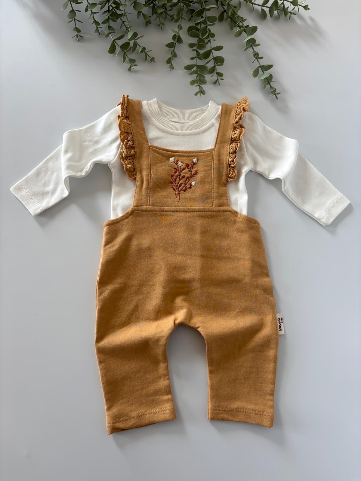 Kız Bebek Gövde Çiçek Nakışlı Takım Hardal Renk