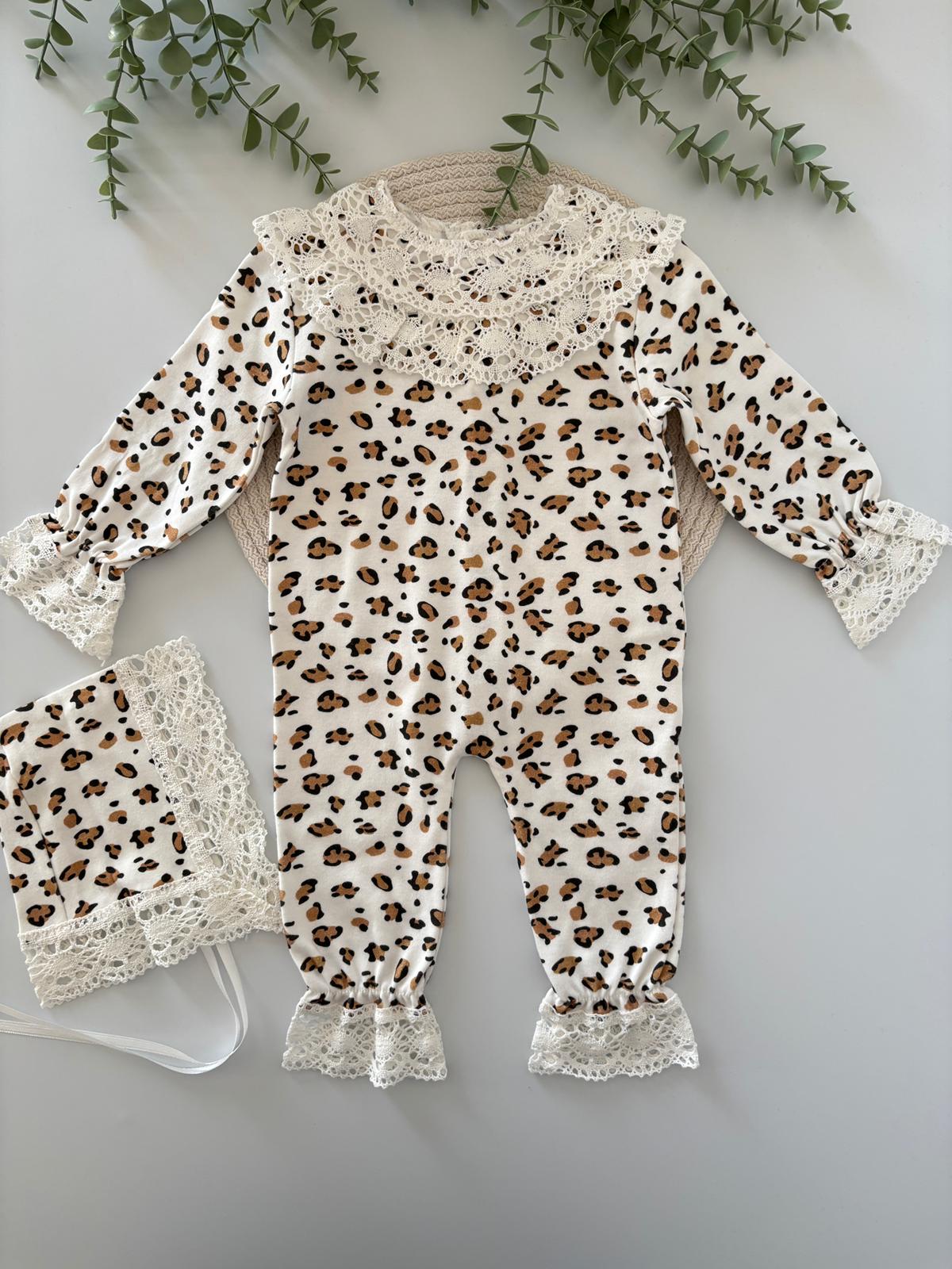 Kız Bebek 0-3 Ay Dantelli Leoparlı Tulum - Ekru Renk