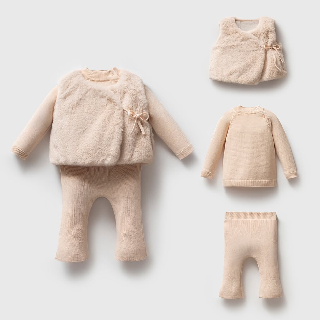 Kız Bebek Premium Organik Pamuk Peluş Yelekli Üçlü Triko Takım