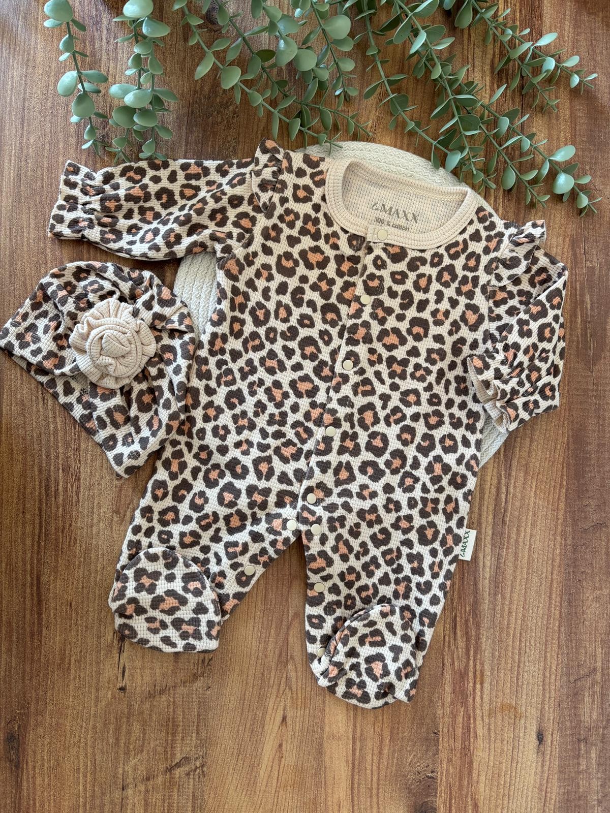 Kız Bebek Leopar Desenli Şapkalı Tulum