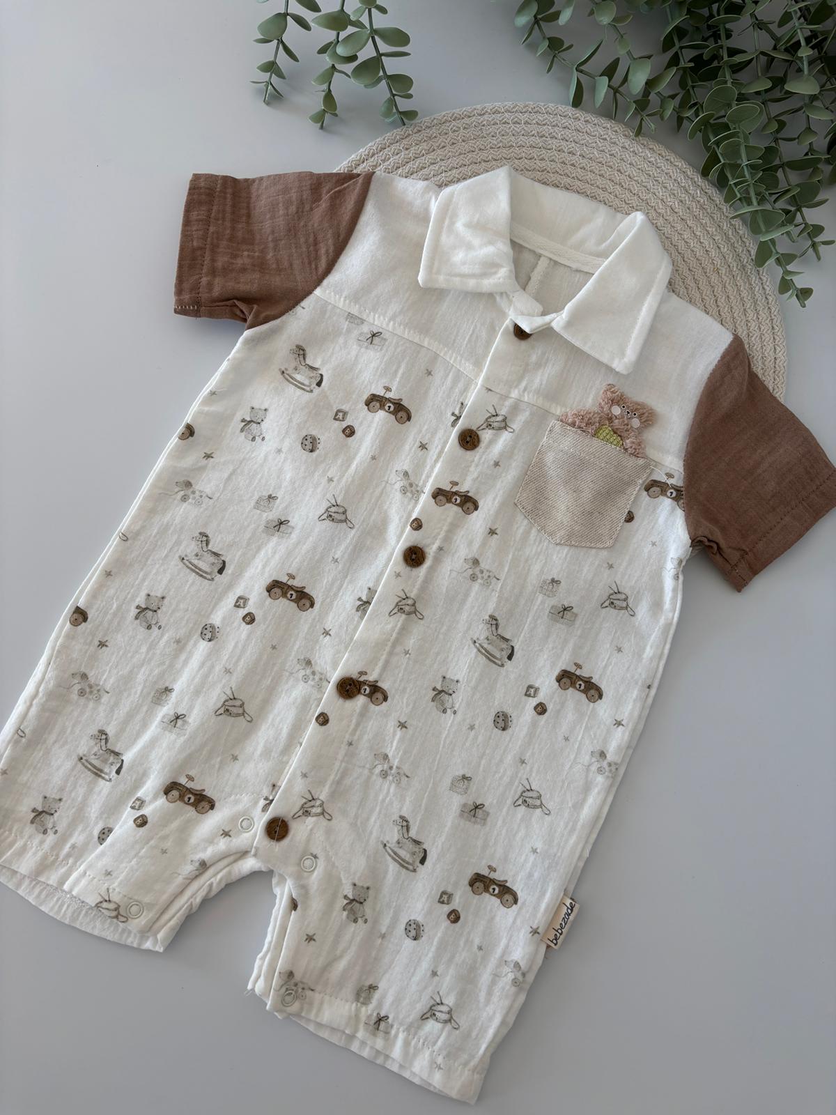 Erkek Bebek Araba ve At Baskılı Tulum