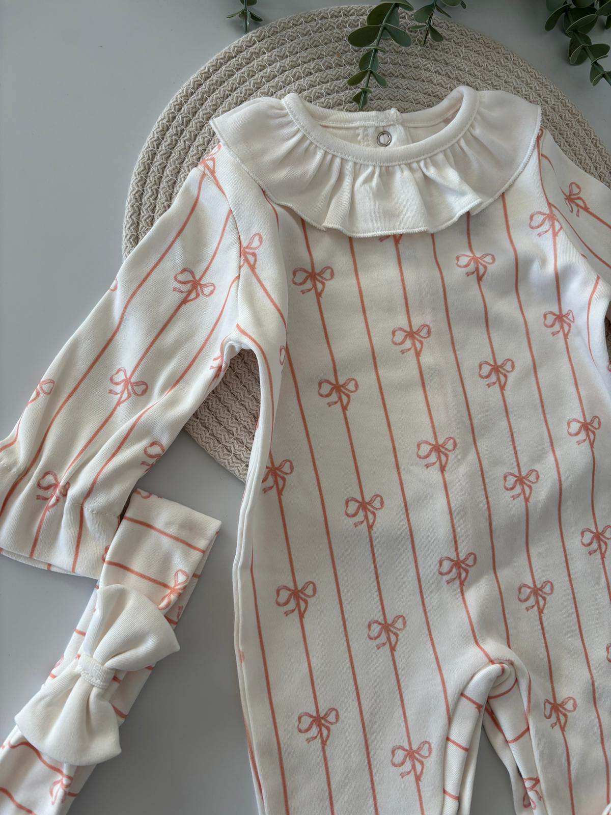 Kız Bebek Pamuklu Fiyonk Baskılı Tulum Somon Renk