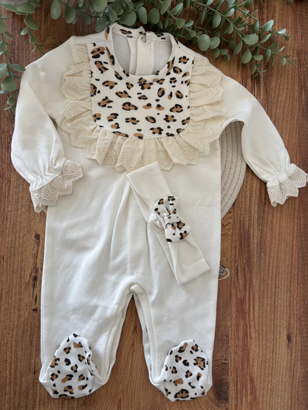 Kız Bebek Pamuklu Fistolu Leopar Desenli Tulum – Ekru Renk