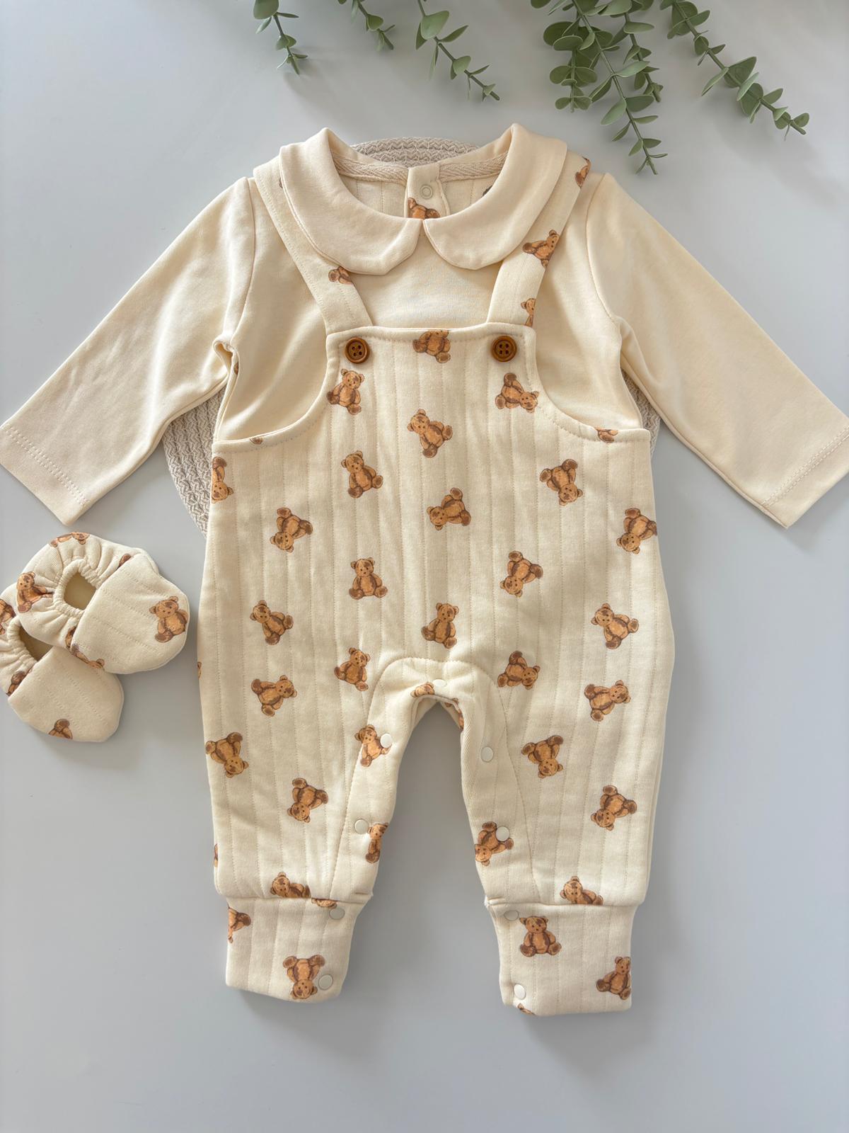 Erkek ve Kız Bebek Sevimli Ayı Desenli Kapitone Patikli Salopet Takımı