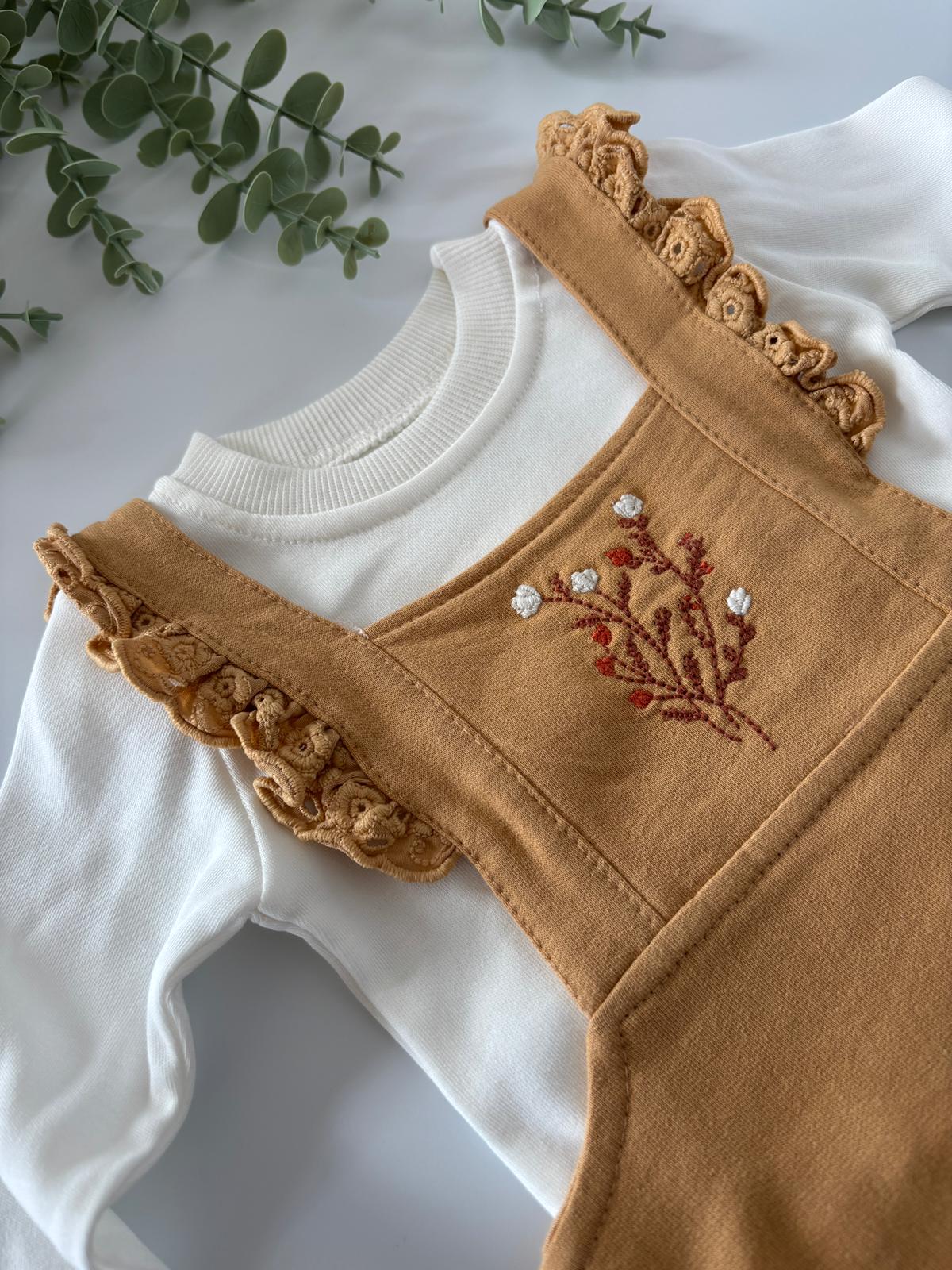 Kız Bebek Gövde Çiçek Nakışlı Takım Hardal Renk