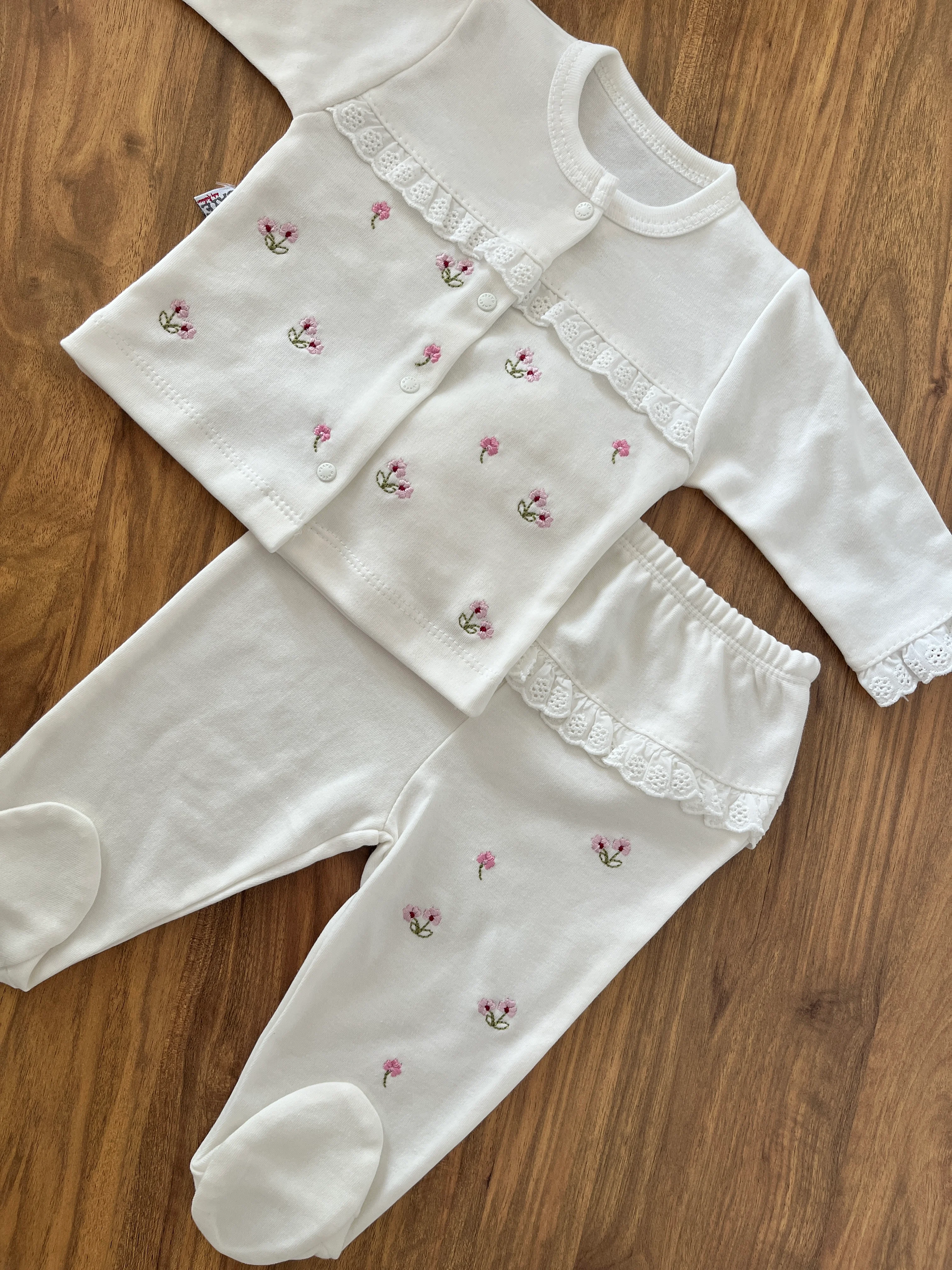Kız Bebek 0-3 Ay Çiçek Nakışlı 5'li Set Ekru Renk