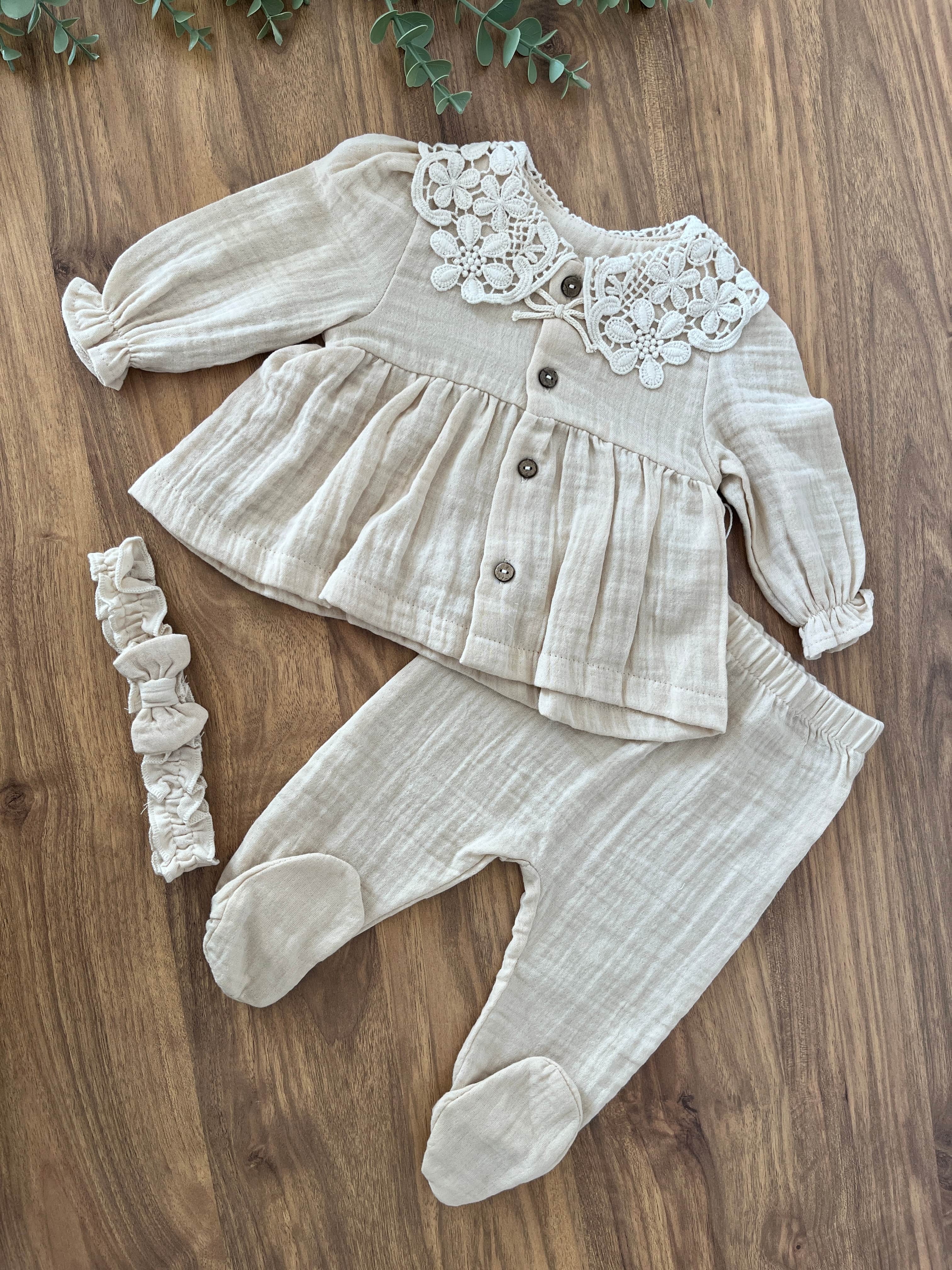Kız Bebek Premium 0-3 Ay Saç Bandanalı Müslin Set