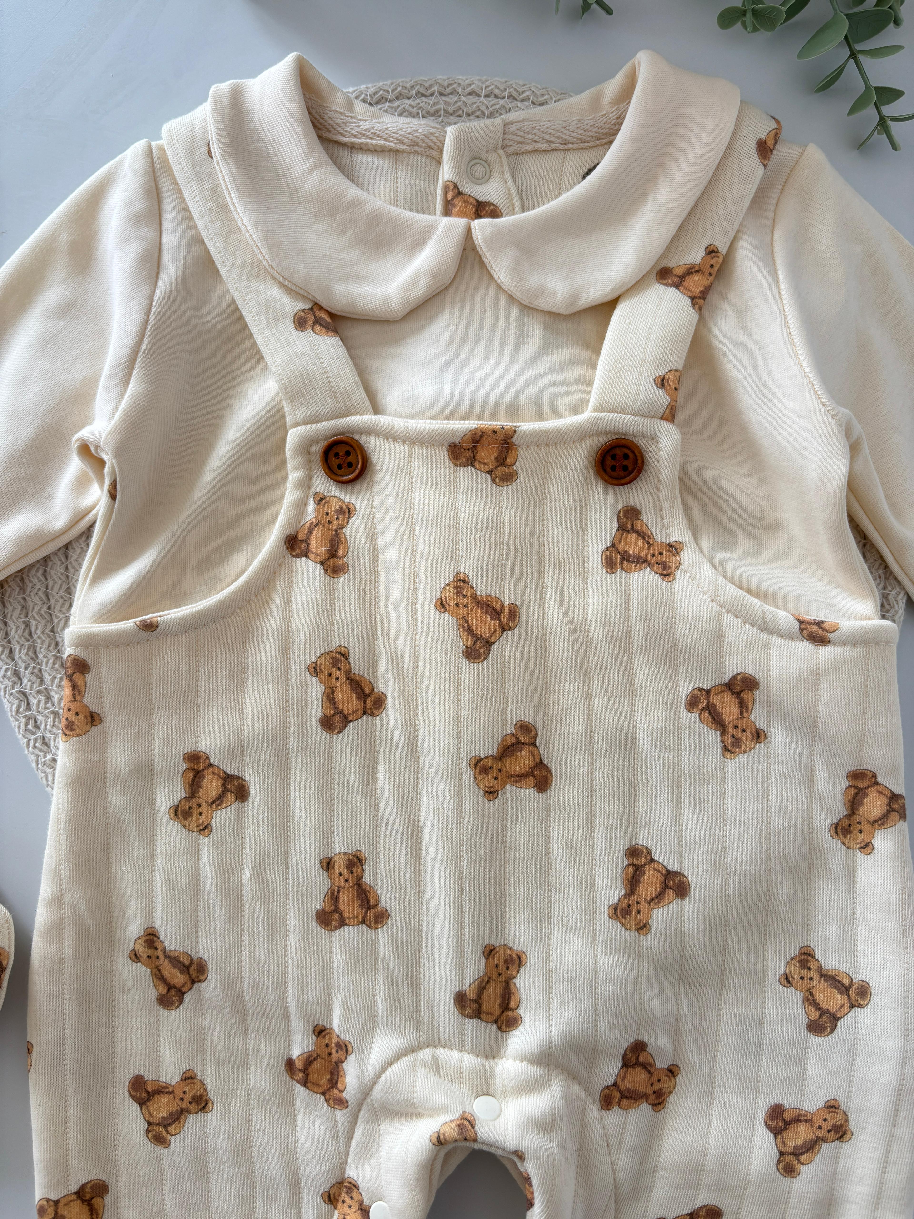 Erkek ve Kız Bebek Sevimli Ayı Desenli Kapitone Patikli Salopet Takımı