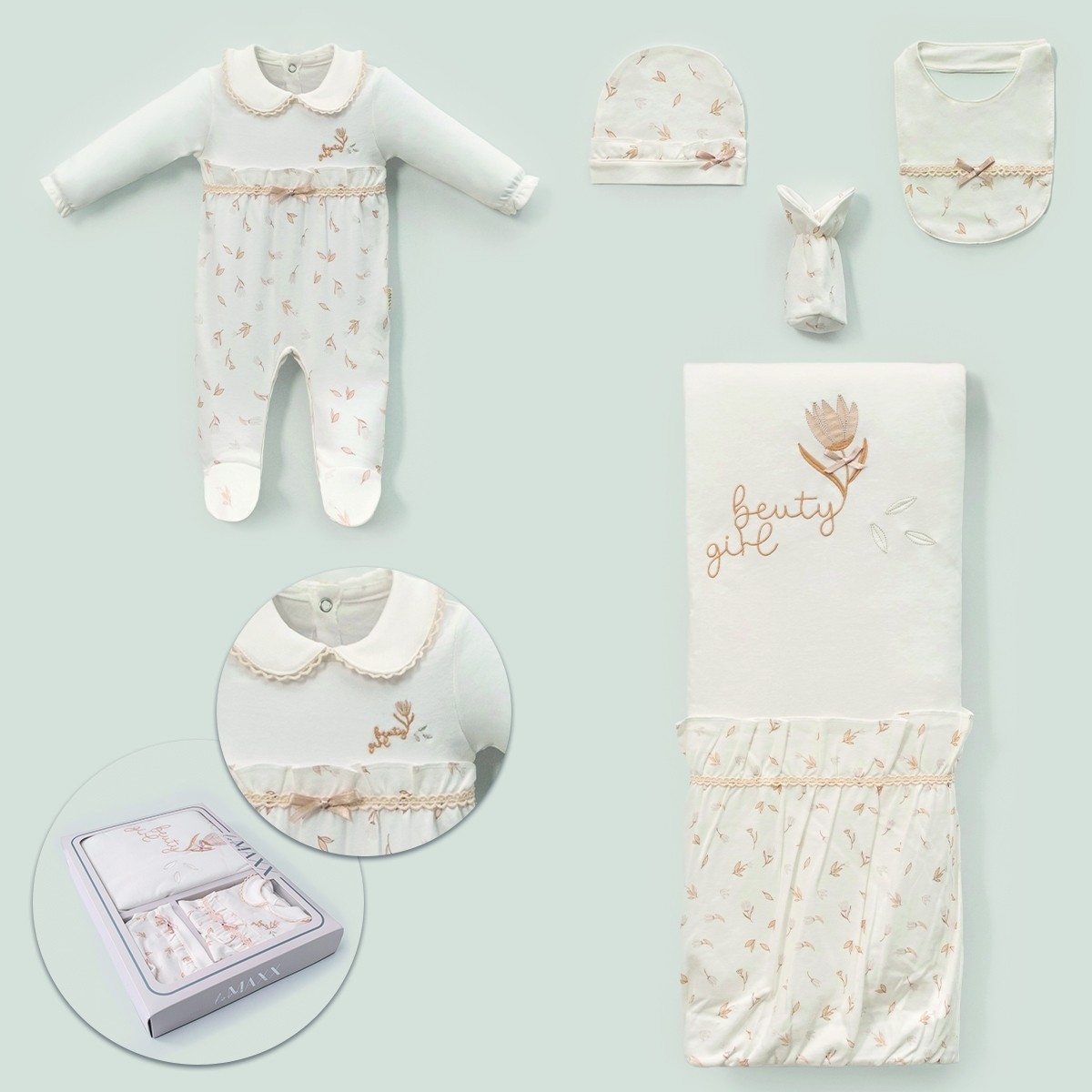 Kız Bebek 0-3 Ay Beauty Girl Kutulu Set Ekru Renk
