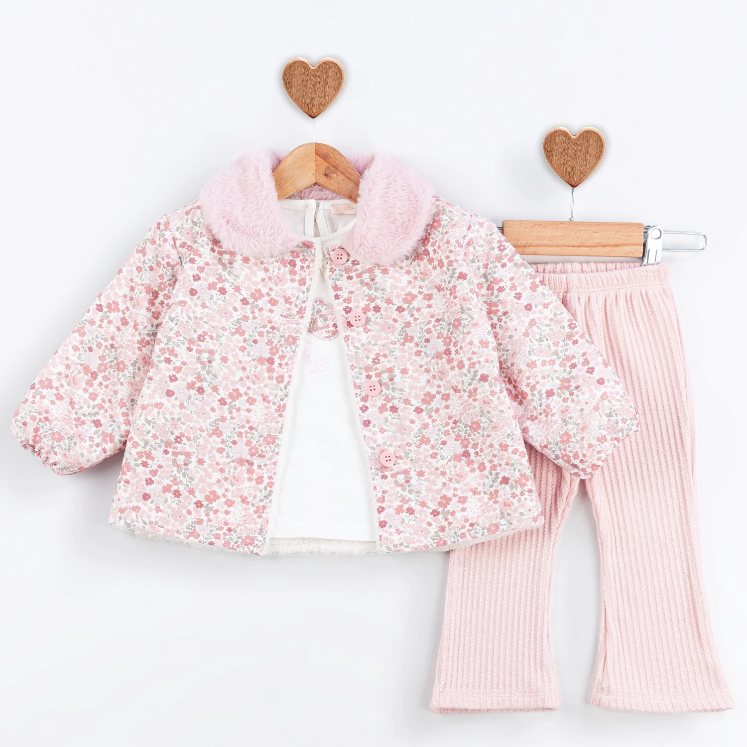 Kız Bebek Premium Peluş Yaka Montlu Pembe Takım