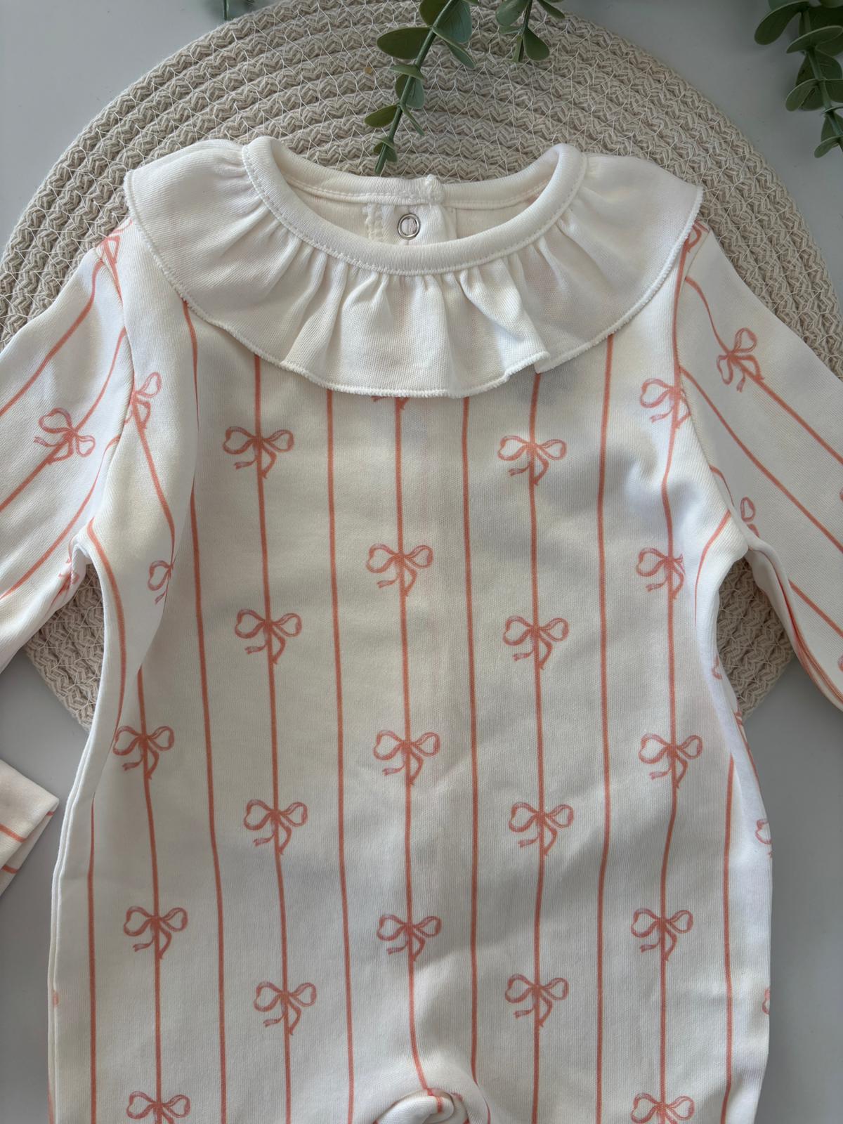 Kız Bebek Pamuklu Fiyonk Baskılı Tulum Somon Renk