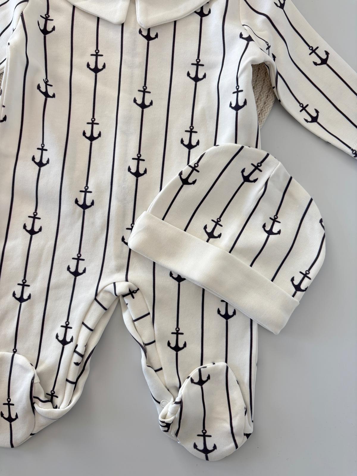 Erkek Bebek Pamuklu Çapa Baskılı Tulum Lacivert