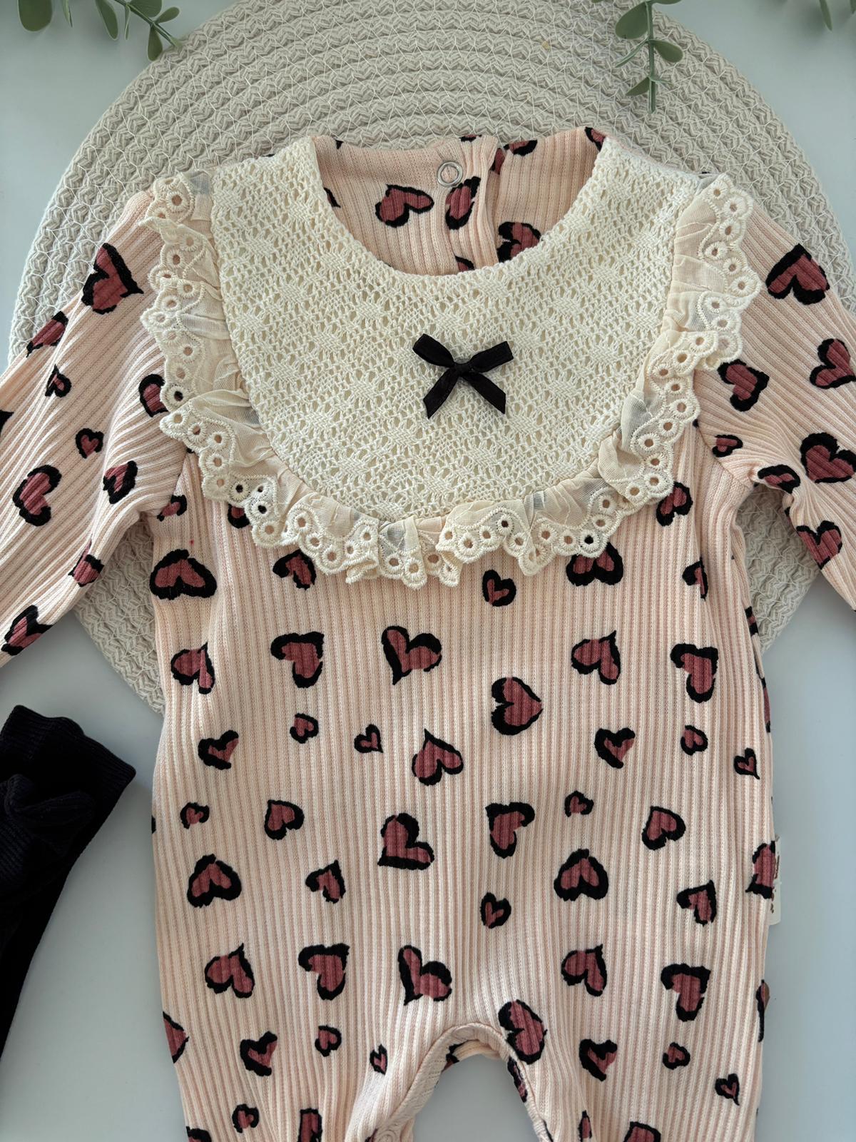 Kız Bebek Kalpli Bandanalı Tulum Gül Kurusu Renk