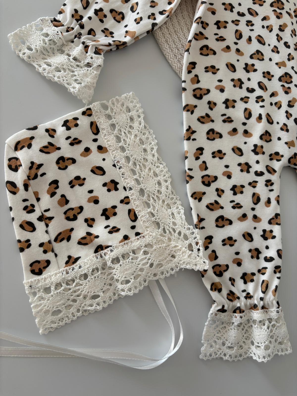 Kız Bebek 0-3 Ay Dantelli Leoparlı Tulum - Ekru Renk