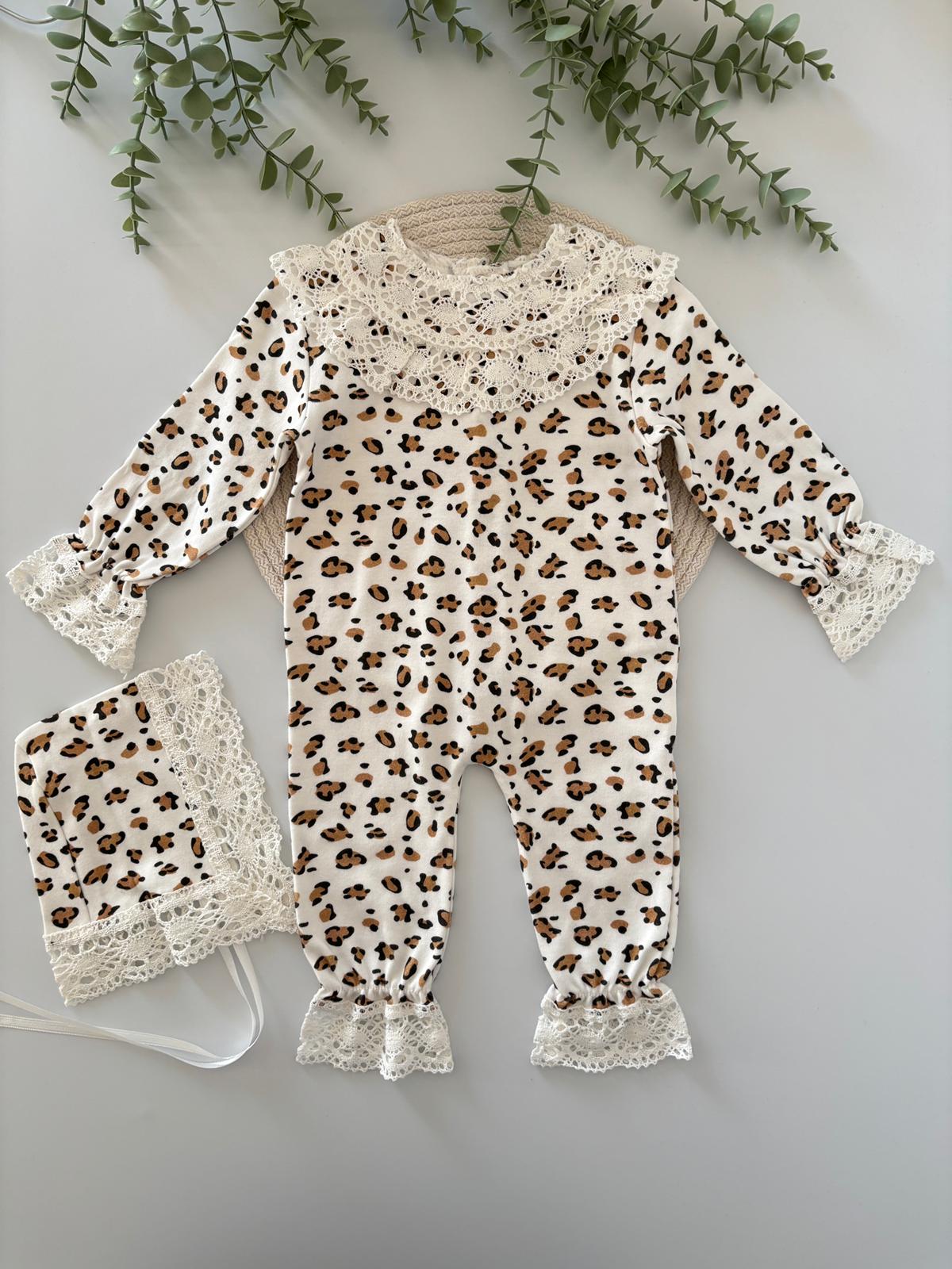 Kız Bebek 0-3 Ay Dantelli Leoparlı Tulum - Ekru Renk