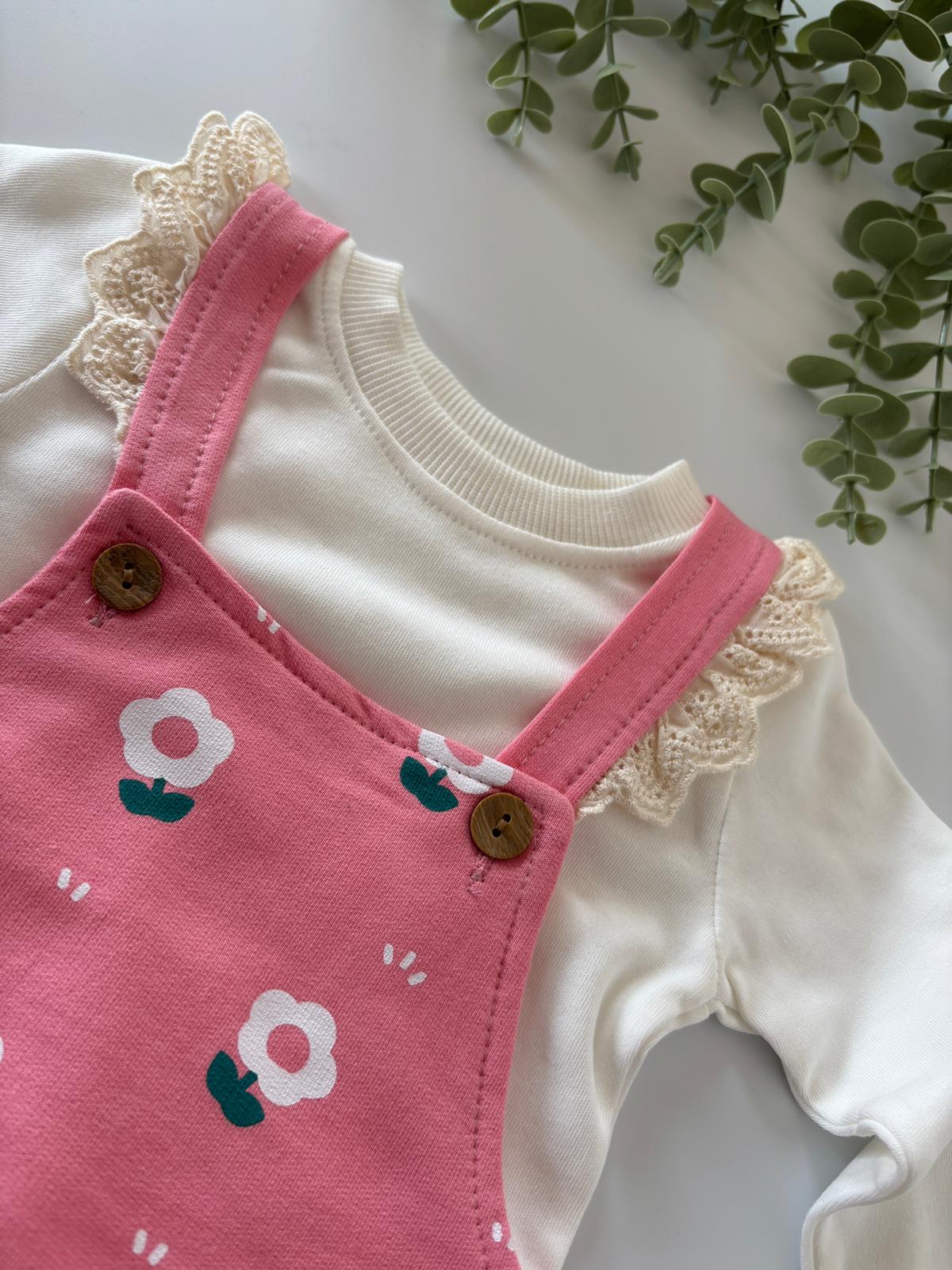 Kız Bebek Baskılı Salopetli Takım Koyu Pembe