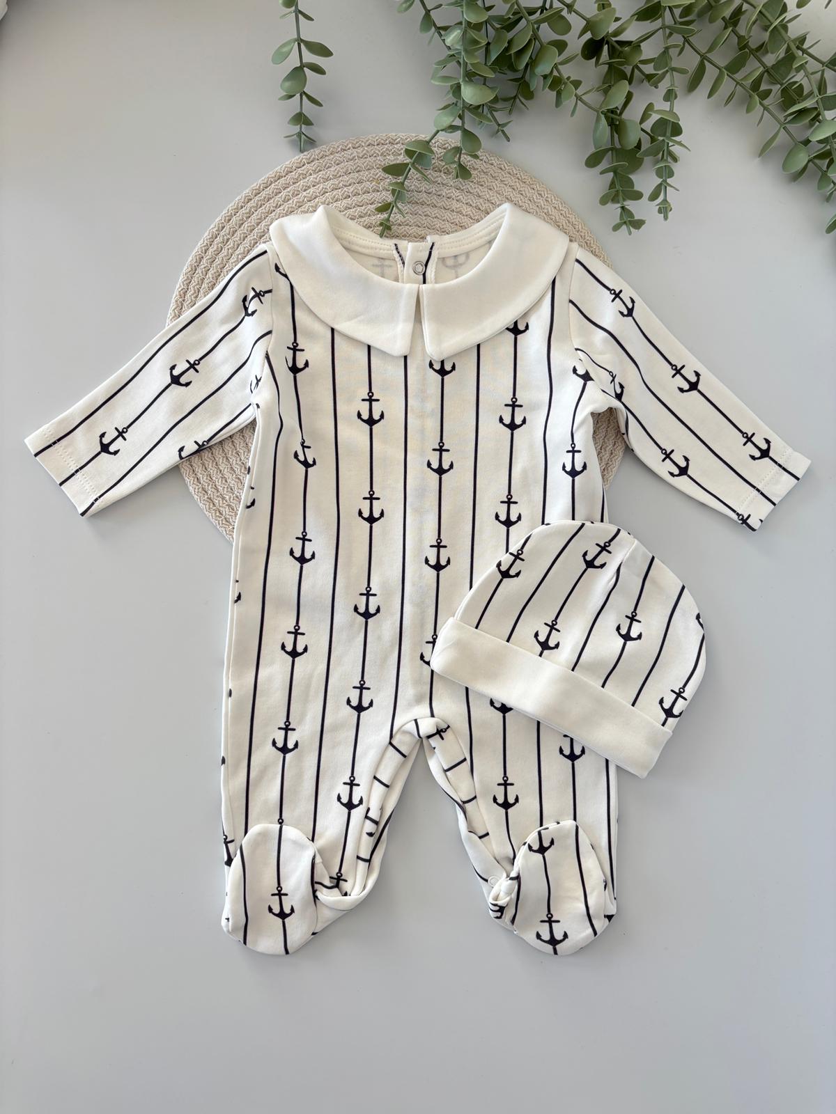 Erkek Bebek Pamuklu Çapa Baskılı Tulum Lacivert