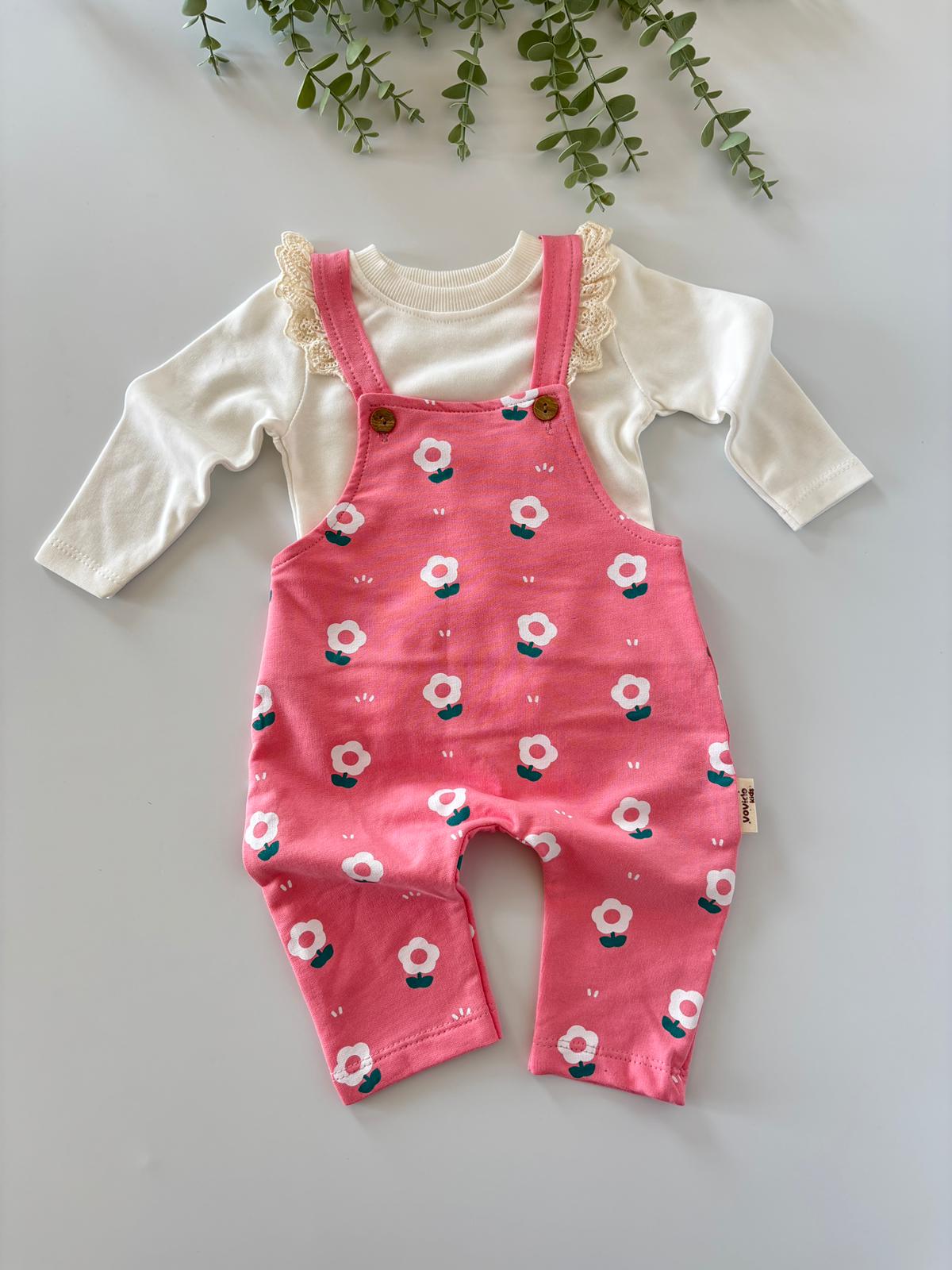 Kız Bebek Baskılı Salopetli Takım Koyu Pembe