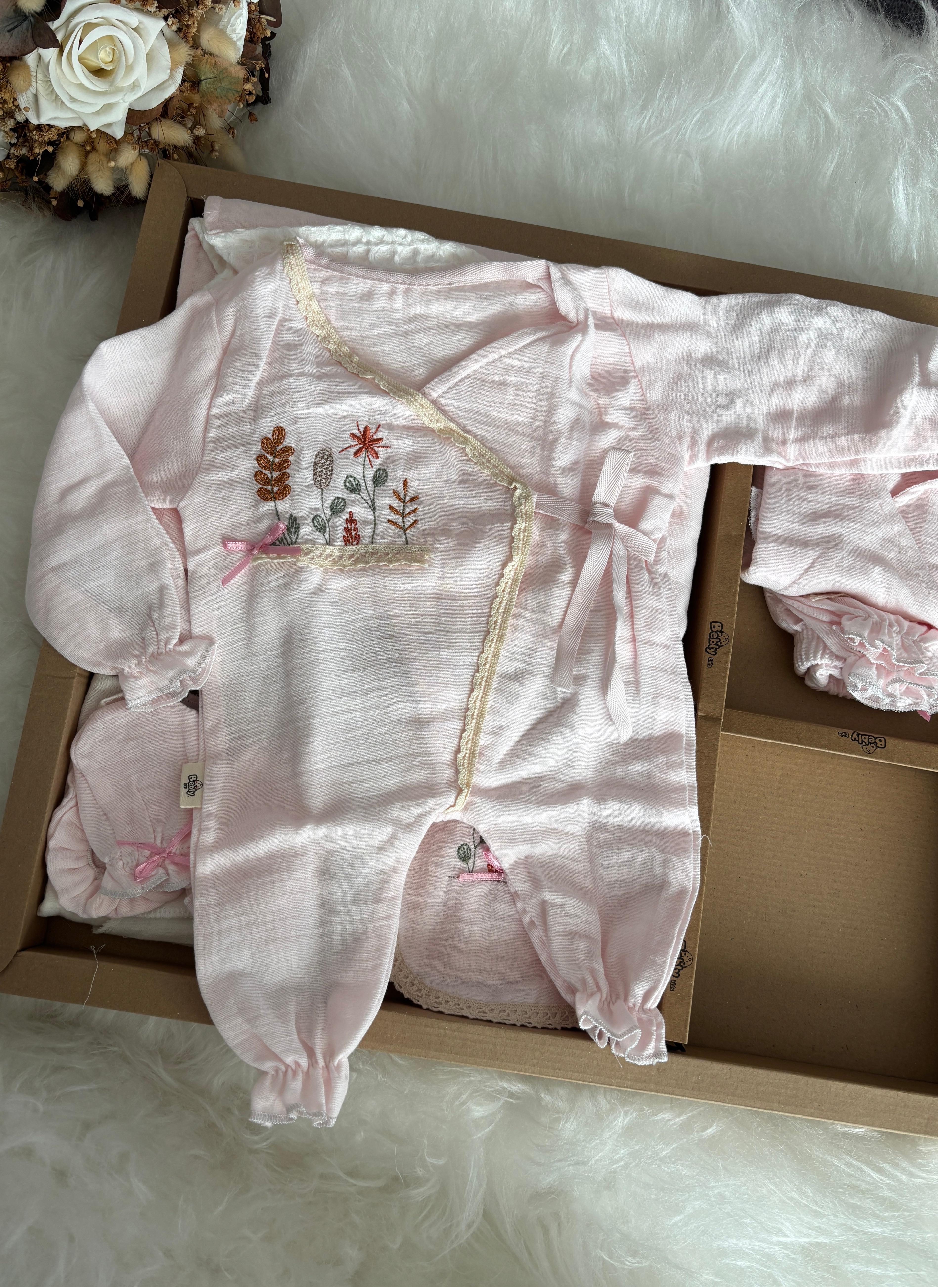 Kız Bebek Çiçek Nakış Müslin 10'lu Set Pembe Renk