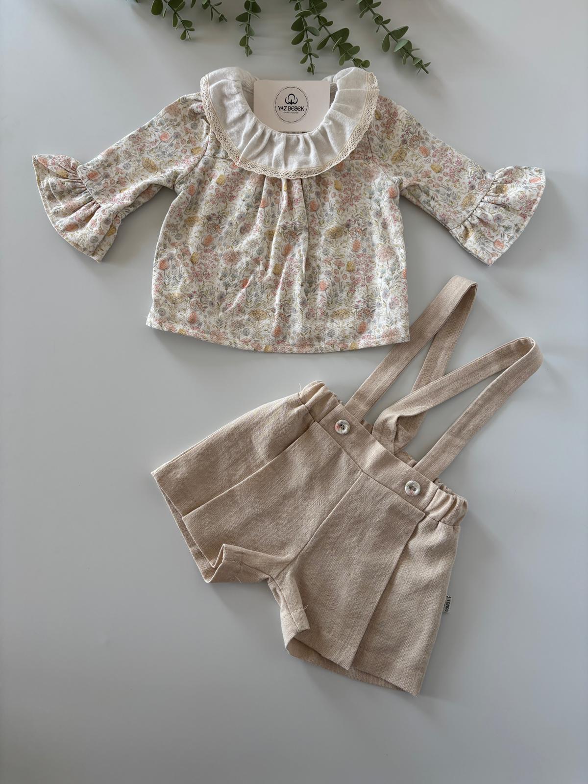 Kız Bebek 6-24 Ay Çiçekli 2’li Takım Bej Renk
