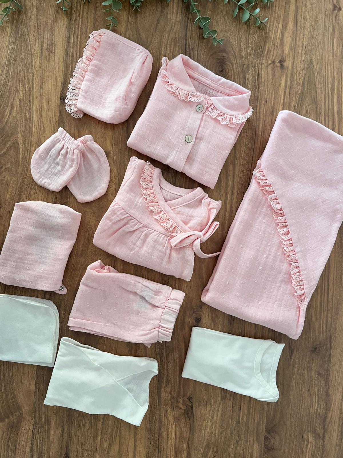 Kız Bebek Pamuklu 10 Parça Müslin Hastane Çıkışı Pembe
