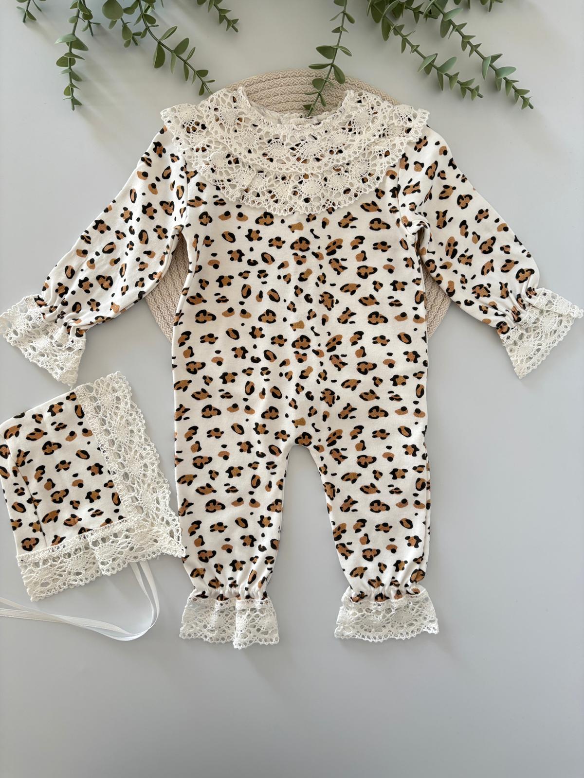 Kız Bebek 0-3 Ay Dantelli Leoparlı Tulum - Ekru Renk