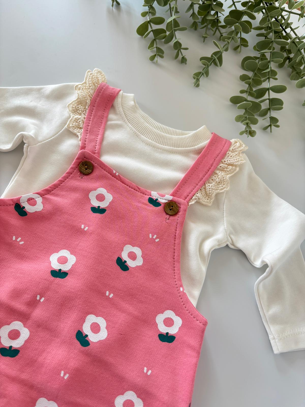 Kız Bebek Baskılı Salopetli Takım Koyu Pembe