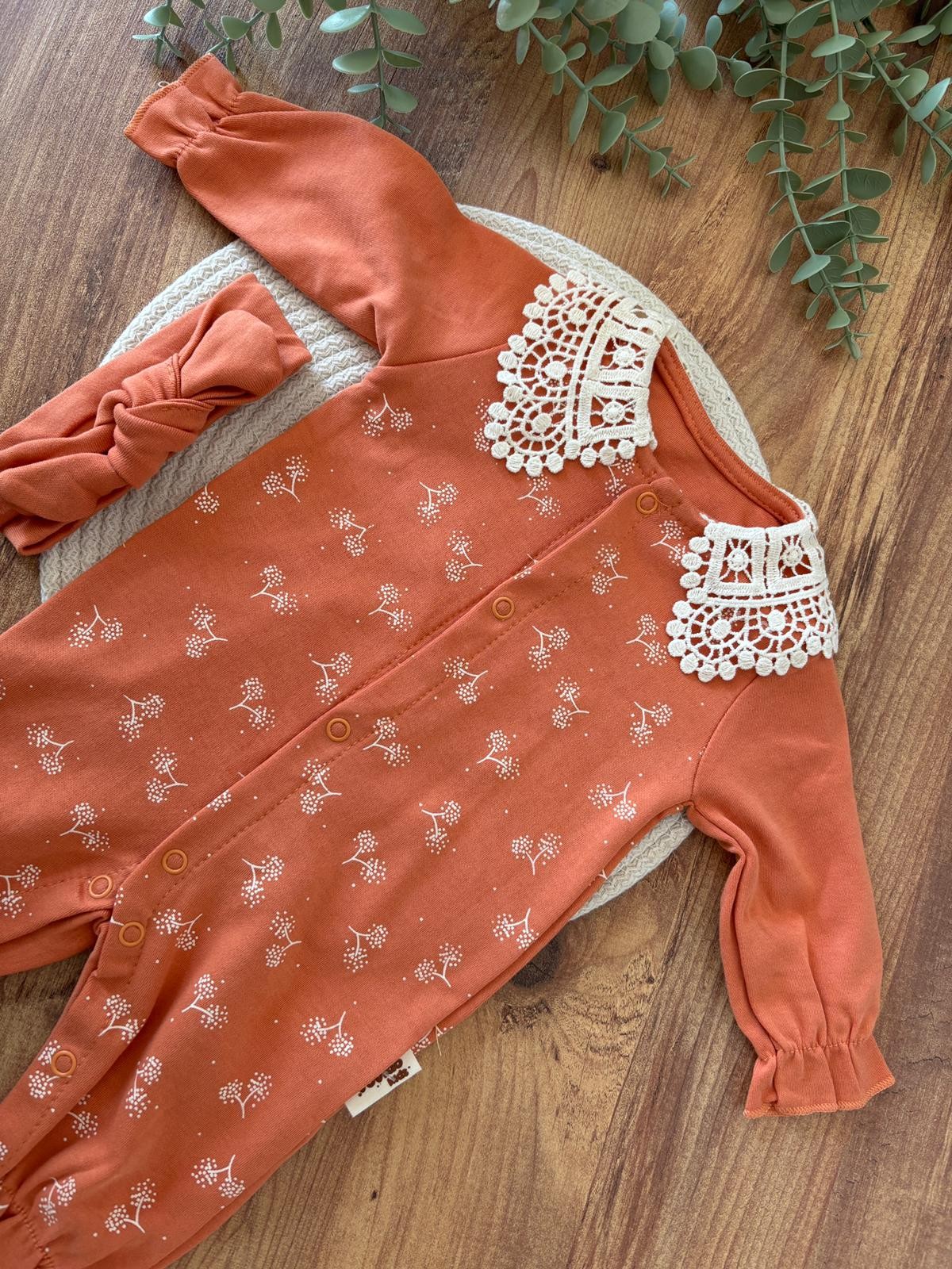 Kız Bebek Dantel Yakalı Tulum Turuncu Renk